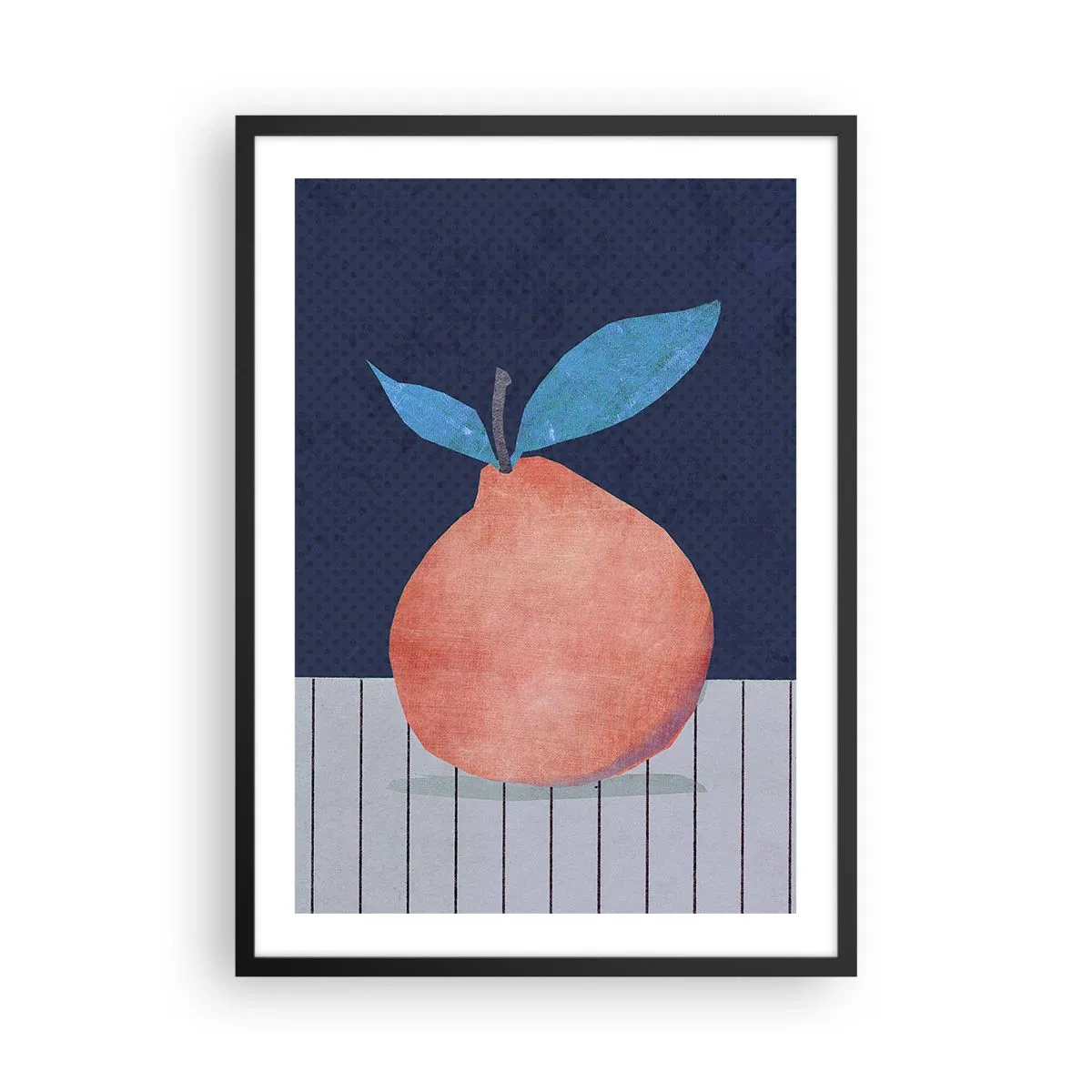 Poster în ramă neagră - O ilustrație minimalistă a unei portocale pe un fundal bleumarin - 50x70cm - Convexitate și plan - Decorațiune modernă pentru perete pentru living și dormitor ARTTOR