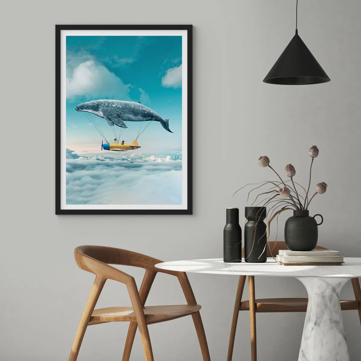 Poster în ramă neagră - O imagine fantastică a unei balene ridicând un avion deasupra norilor. - 50x70cm - De ce nu? - Decorațiune modernă pentru perete pentru living și dormitor ARTTOR