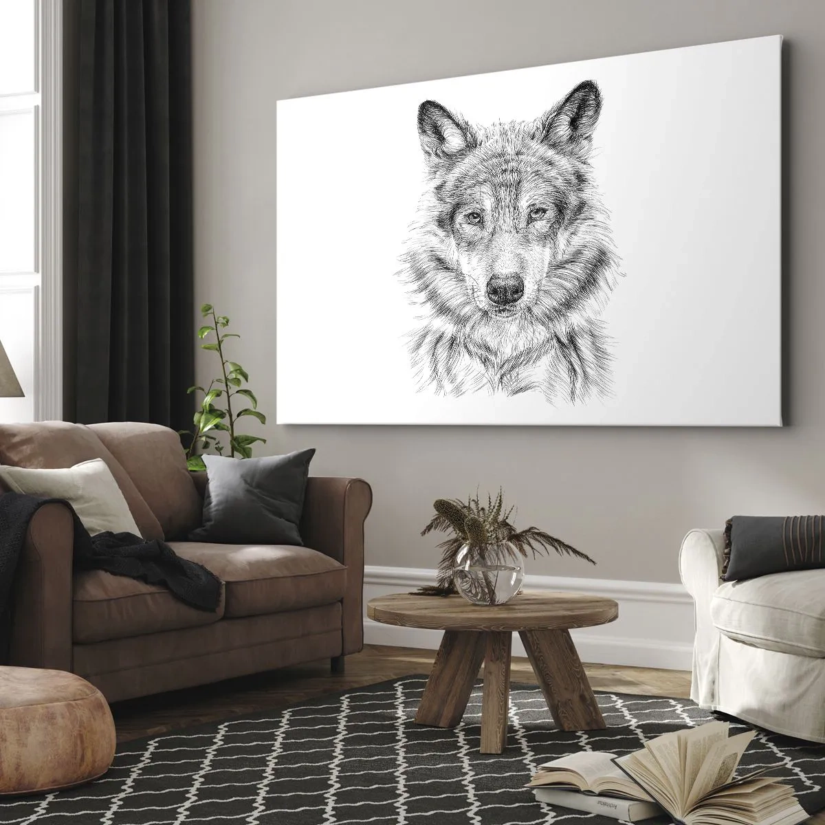 Tablou pe pânză Canvas - Schiță a unui cap de lup în stil monocrom pe fundal alb - 70x50cm - Un lider înnăscut - Decorațiune modernă pentru perete pentru living și dormitor ARTTOR