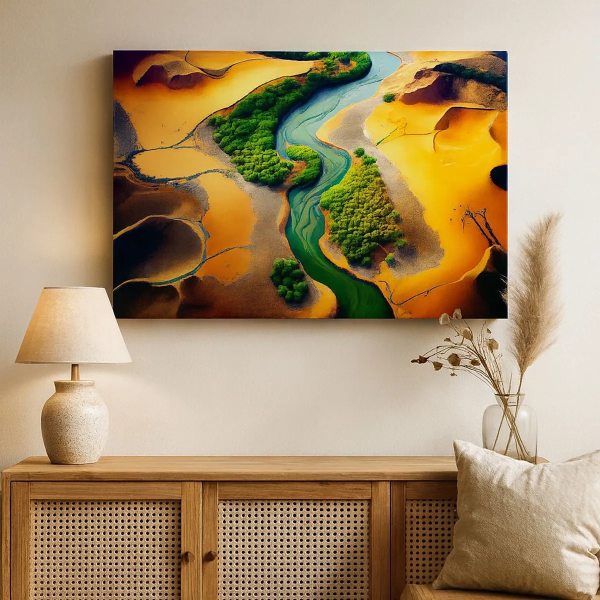 Tablou pe pânză Canvas - Un râu verde înconjurat de nisipuri aurii și vegetație - 70x50cm - Râul care dă viață - Decorațiune modernă pentru perete pentru living și dormitor ARTTOR
