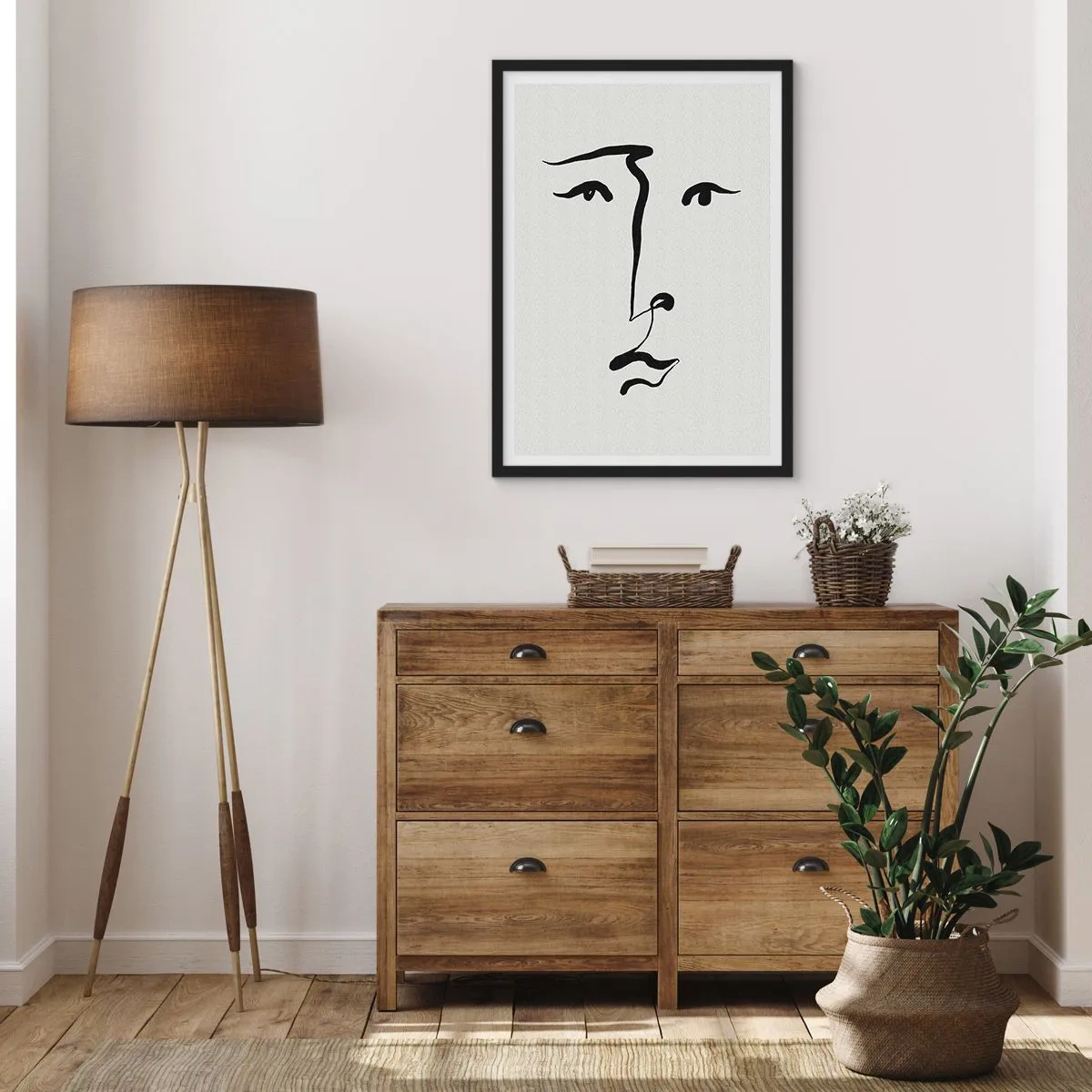 Poster în ramă neagră - Ilustrație minimalistă a feței într-o singură tușă de pensulă - 50x70cm - Portret tras cu o linie - Decorațiune modernă pentru perete pentru living și dormitor ARTTOR