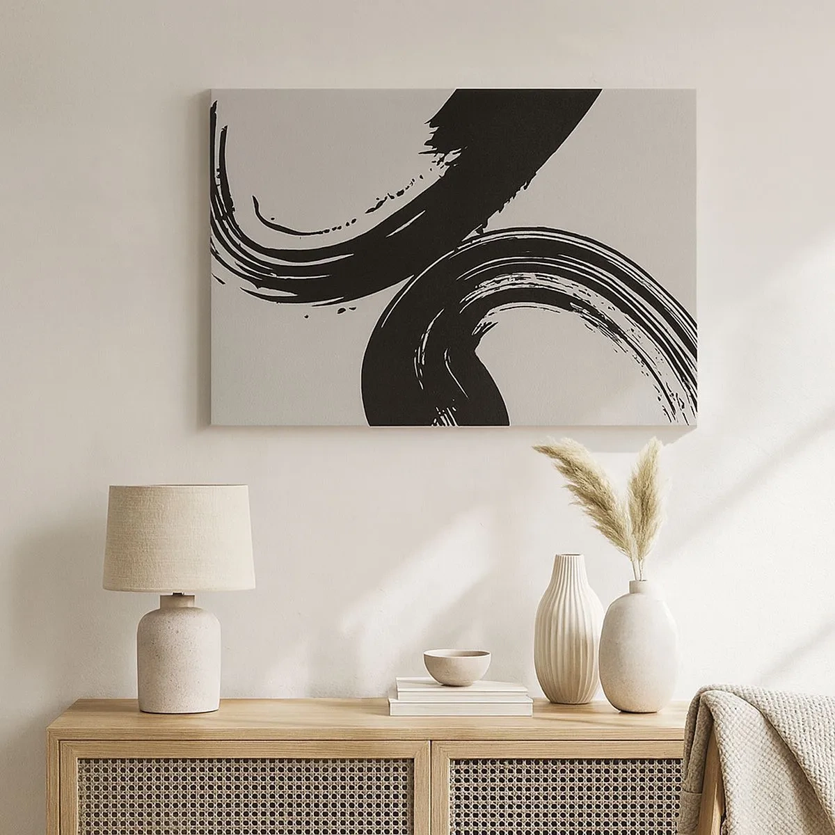 Tablou pe pânză Canvas - Pensule dinamice în negru pe un fundal deschis - 70x50cm - Tare și circular - Decorațiune modernă pentru perete pentru living și dormitor ARTTOR