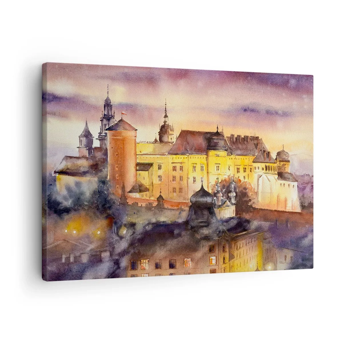 Tablou pe pânză Canvas - pictură pitorească în acuarelă a unui castel la apus - 70x50cm - Poveste și basm - Decorațiune modernă pentru perete pentru living și dormitor ARTTOR