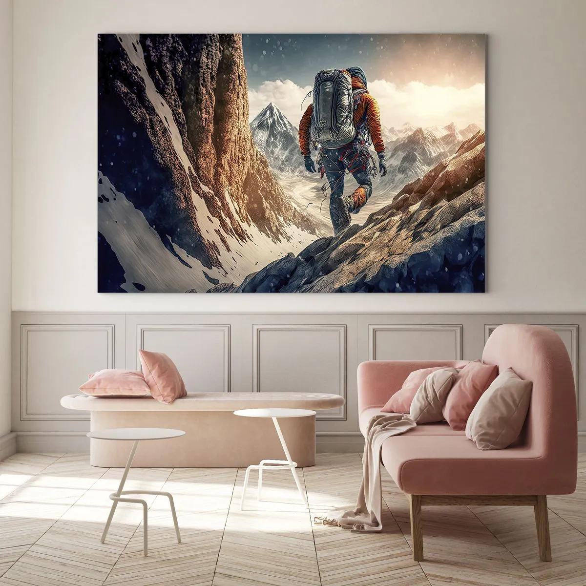 Tablou pe sticlă - Un excursionist care urcă pe un versant stâncos și acoperit de zăpadă - 70x50cm - Războinic singuratic - Decorațiune modernă pentru perete pentru living și dormitor ARTTOR