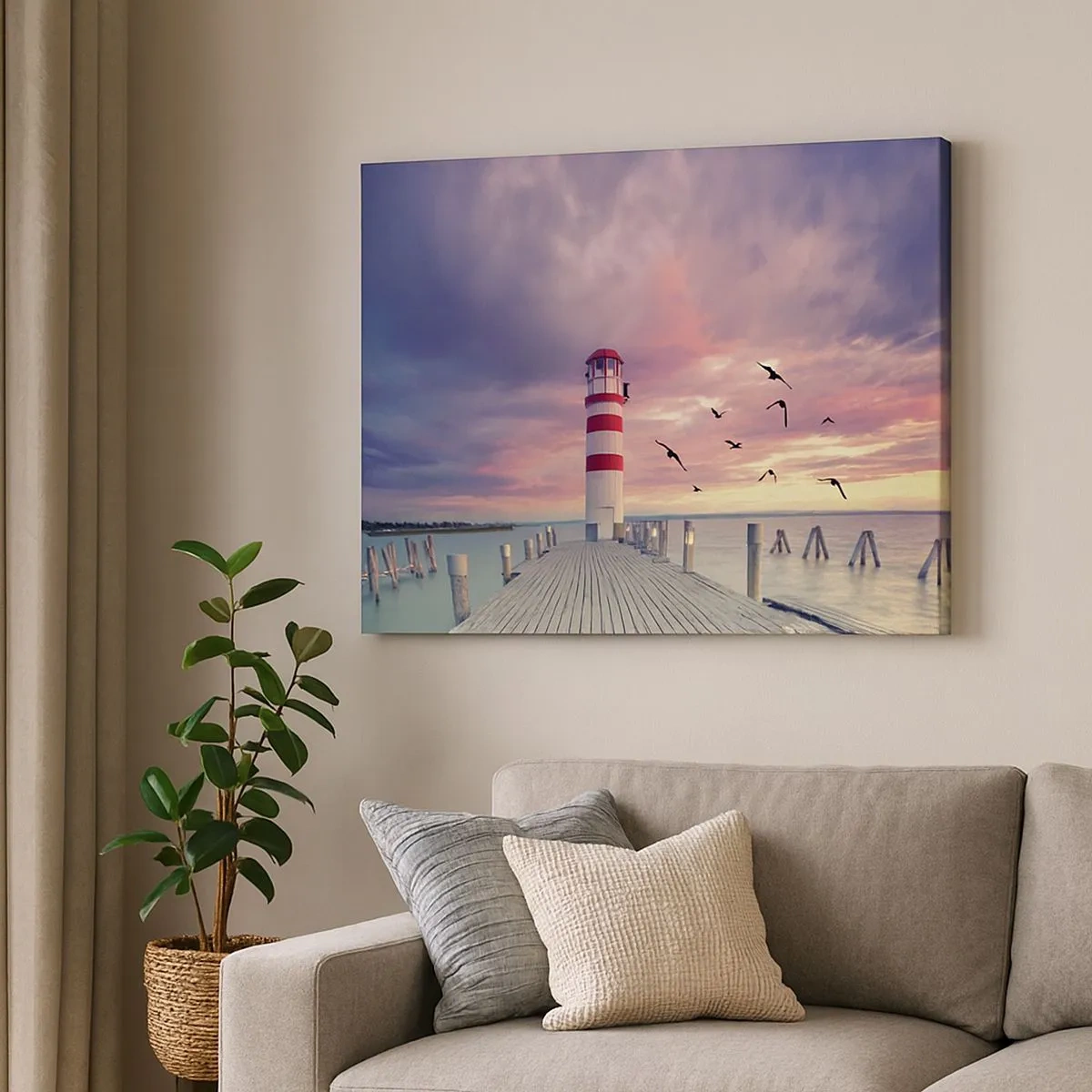 Tablou pe pânză Canvas - Un far pe dig înconjurat de un apus de soare pitoresc - 70x50cm - Să ne întoarcem în port - Decorațiune modernă pentru perete pentru living și dormitor ARTTOR