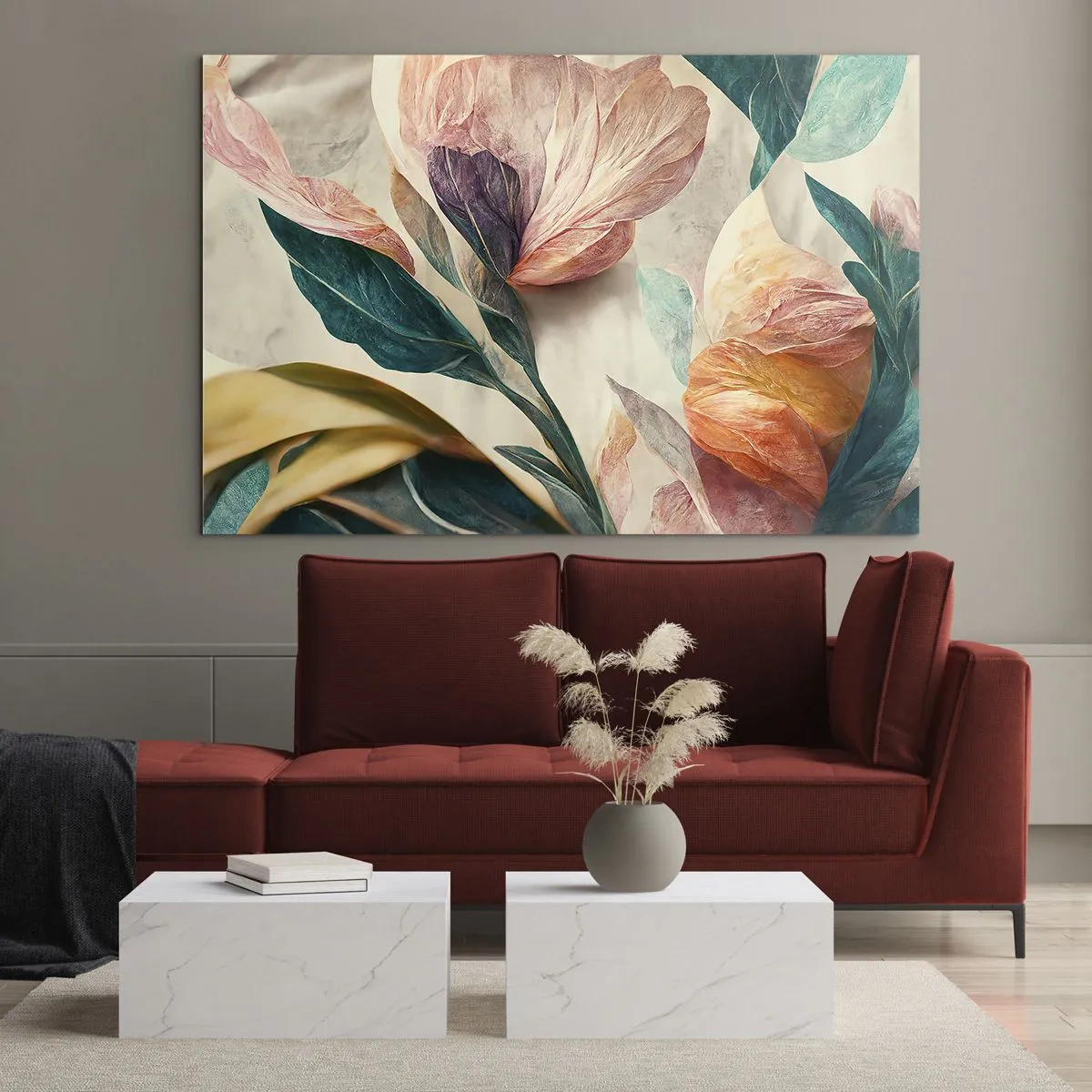 Tablou pe sticlă - Flori și frunze exotice în culori pastelate, în stil botanic - 70x50cm - Flori din insulele sudice - Decorațiune modernă pentru perete pentru living și dormitor ARTTOR