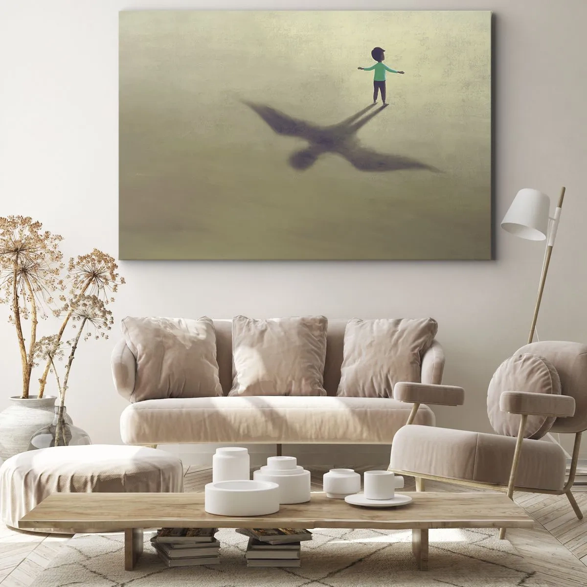Tablou pe pânză Canvas - O figură simbolică a unui copil cu umbra unei păsări pe un fundal în nuanțe calde. - 70x50cm - Eroul viitorului - Decorațiune modernă pentru perete pentru living și dormitor ARTTOR