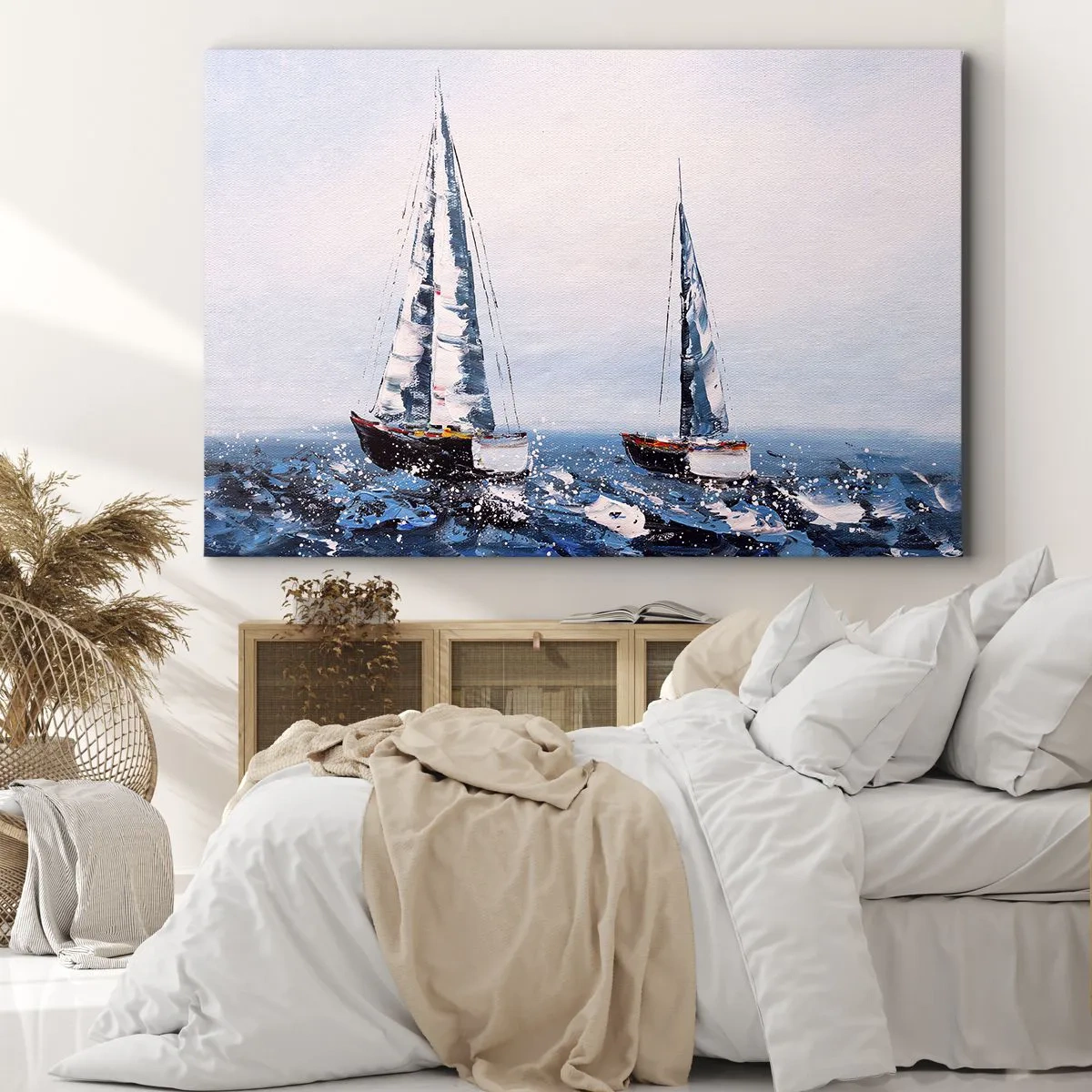 Tablou pe pânză Canvas - Bărci cu pânze pe o mare furtunoasă într-o compoziție picturală - 70x50cm - Frăția vântului - Decorațiune modernă pentru perete pentru living și dormitor ARTTOR