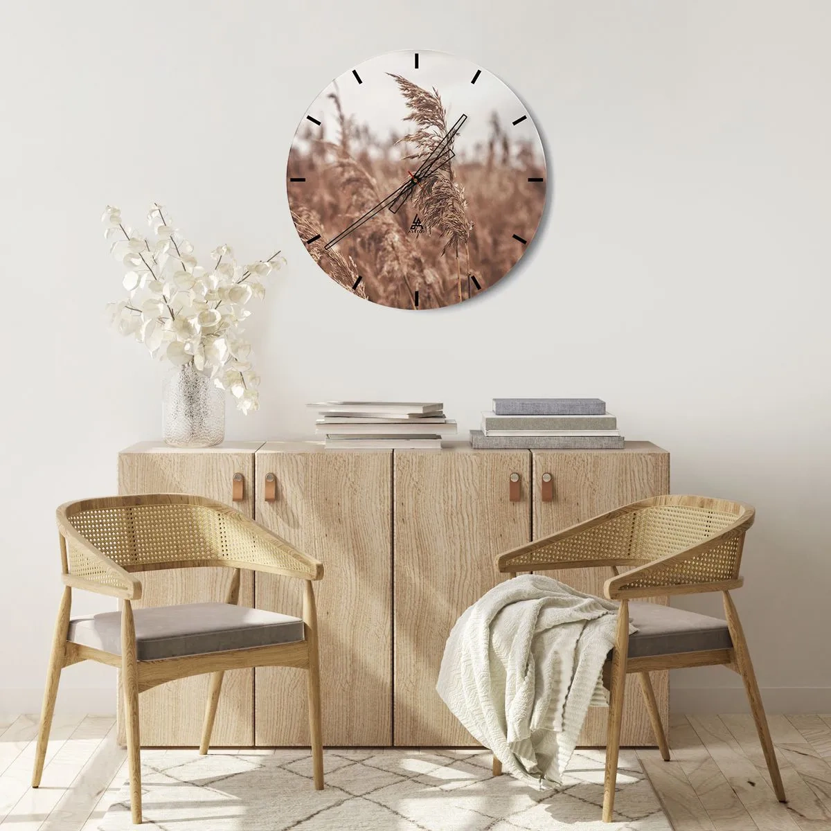 Ceas de perete - Ceas pe sticlă - Ierburi de toamnă legănându-se în vânt în culori naturale - 30x30cm - Toamna pe câmpuri - Decorațiune modernă pentru perete pentru living, bucătărie și dormitor ARTTOR