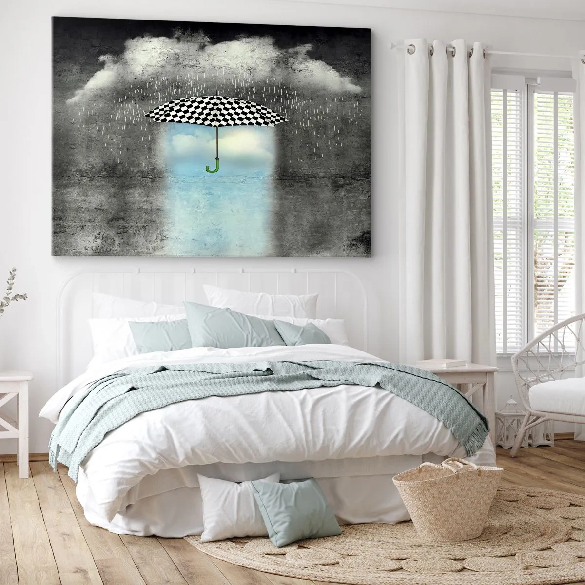 Tablou pe pânză Canvas - O umbrelă în carouri peste un peisaj ploios - 70x50cm - Și totuși este posibil - Decorațiune modernă pentru perete pentru living și dormitor ARTTOR