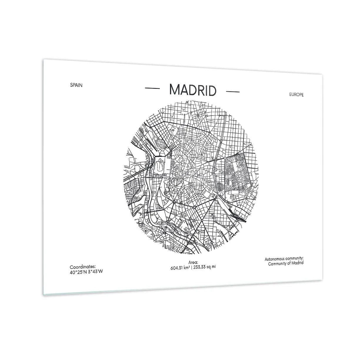 Tablou pe sticlă - O hartă minimalistă alb-negru a Madridului, de formă circulară. - 70x50cm - Anatomia Madridului - Decorațiune modernă pentru perete pentru living și dormitor ARTTOR