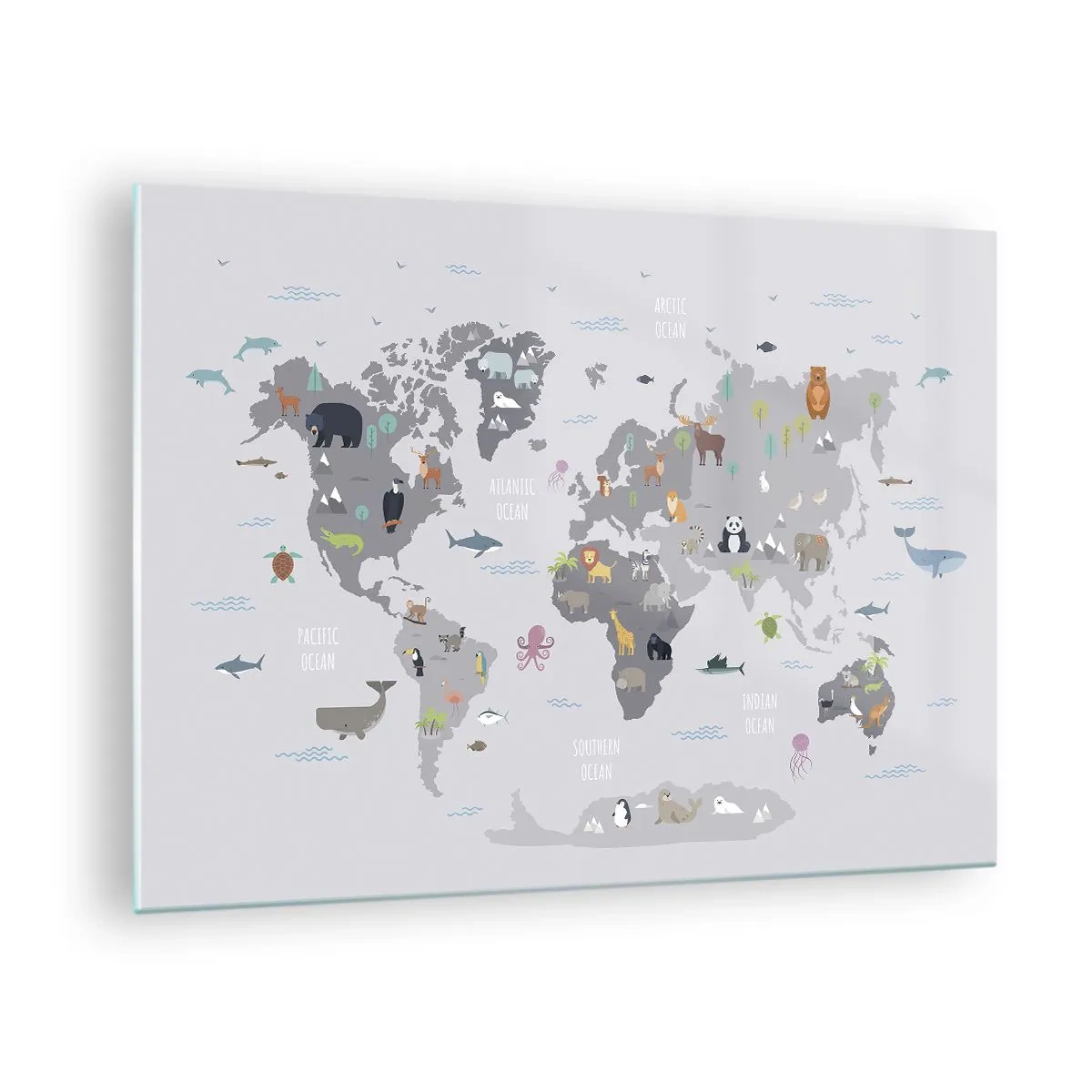 Tablou pe sticlă - Hartă ilustrată a lumii cu animale caracteristice - 70x50cm - Spune-mi de unde ești... - Decorațiune modernă pentru perete pentru living și dormitor ARTTOR