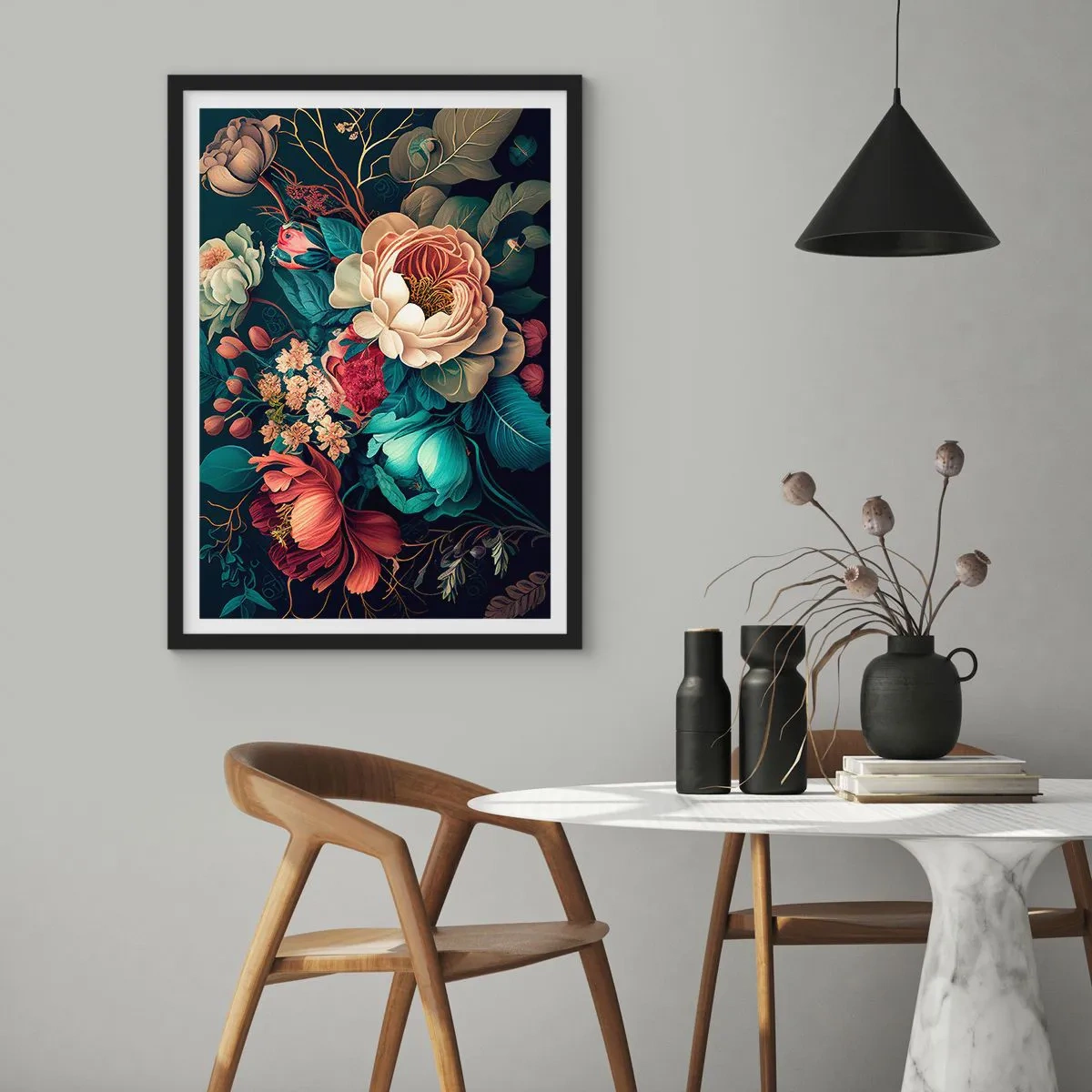 Poster în ramă neagră - Un buchet de flori în stil baroc pe un fundal întunecat - 50x70cm - Farmecul secolului al XIX-lea - Decorațiune modernă pentru perete pentru living și dormitor ARTTOR