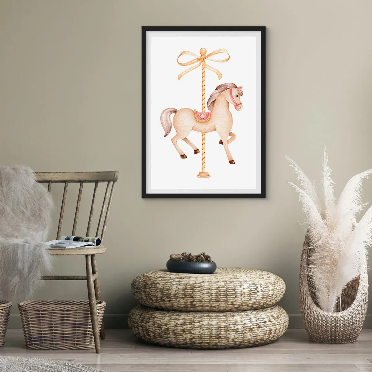 Poster în ramă neagră - O ilustrație delicată a unui cal de carusel în pasteluri - 50x70cm - Într-un trap grațios - Decorațiune modernă pentru perete pentru living și dormitor ARTTOR