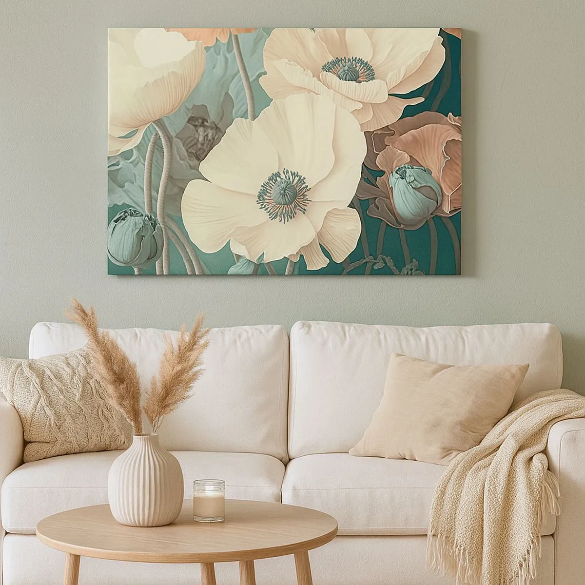Tablou pe pânză Canvas - Flori elegante în nuanțe pastelate pe un fundal verde - 70x50cm - Șoapta macilor - Decorațiune modernă pentru perete pentru living și dormitor ARTTOR