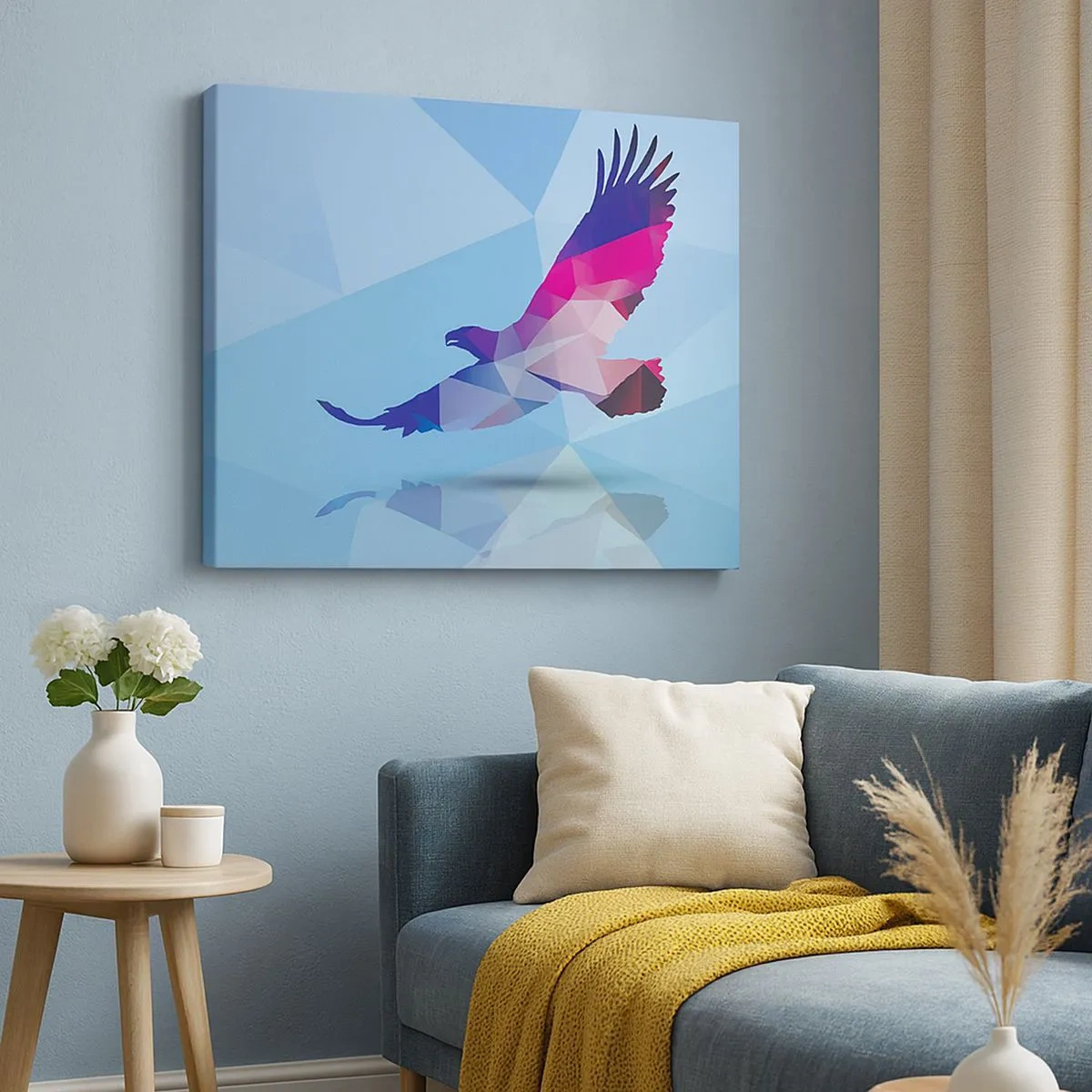 Tablou pe pânză Canvas - Siluetă geometrică a unui vultur în zbor pe un fundal albastru - 70x50cm - Vultur în cristal liliachiu - Decorațiune modernă pentru perete pentru living și dormitor ARTTOR
