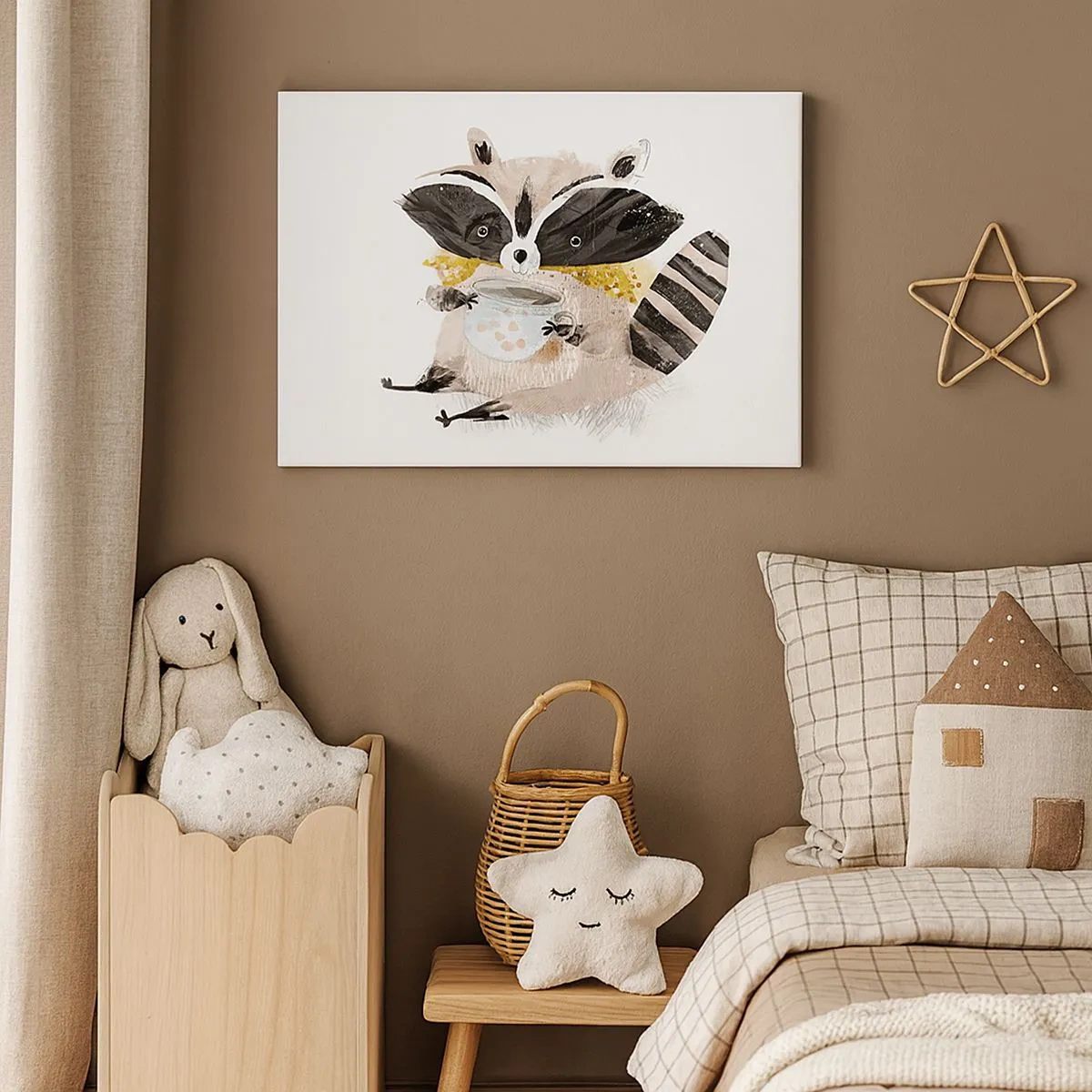 Tablou pe pânză Canvas - Raton adorabil care ține o cană în culori pastelate - 70x50cm - Prietenul meu ratonul - Decorațiune modernă pentru perete pentru living și dormitor ARTTOR