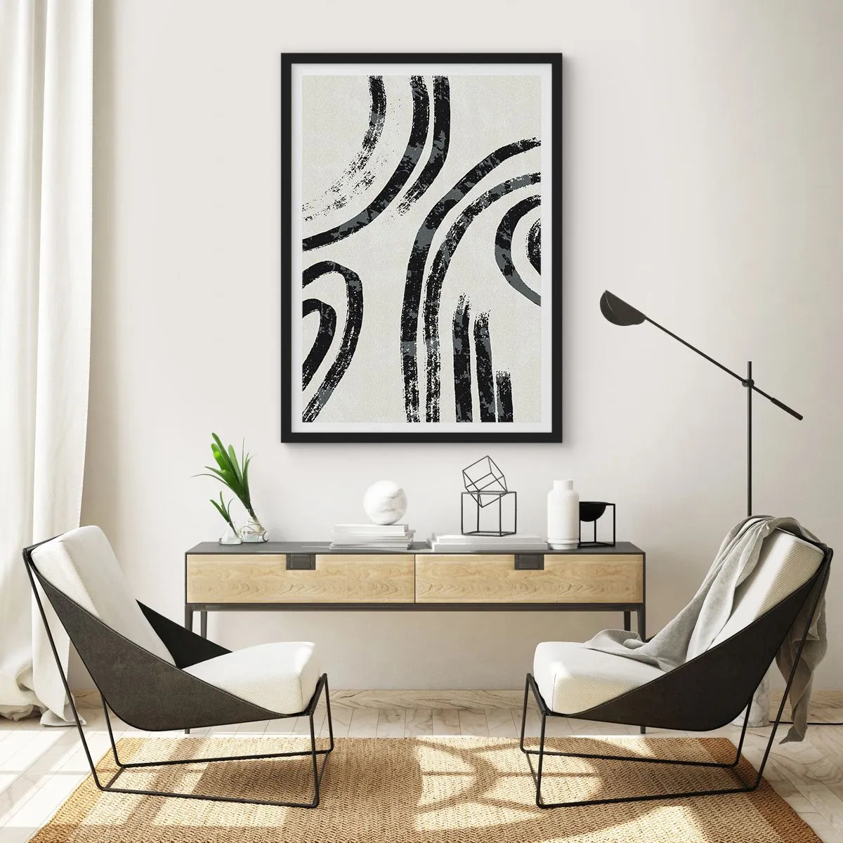 Poster în ramă neagră - Linii negre abstracte pe un fundal deschis - 50x70cm - Pe jumătate oprit - Decorațiune modernă pentru perete pentru living și dormitor ARTTOR