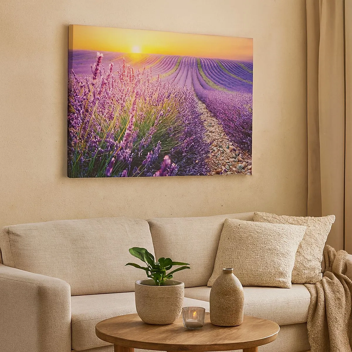 Tablou pe pânză Canvas - Câmp de lavandă la apus - 70x50cm - Câmpul parfumat - Decorațiune modernă pentru perete pentru living și dormitor ARTTOR