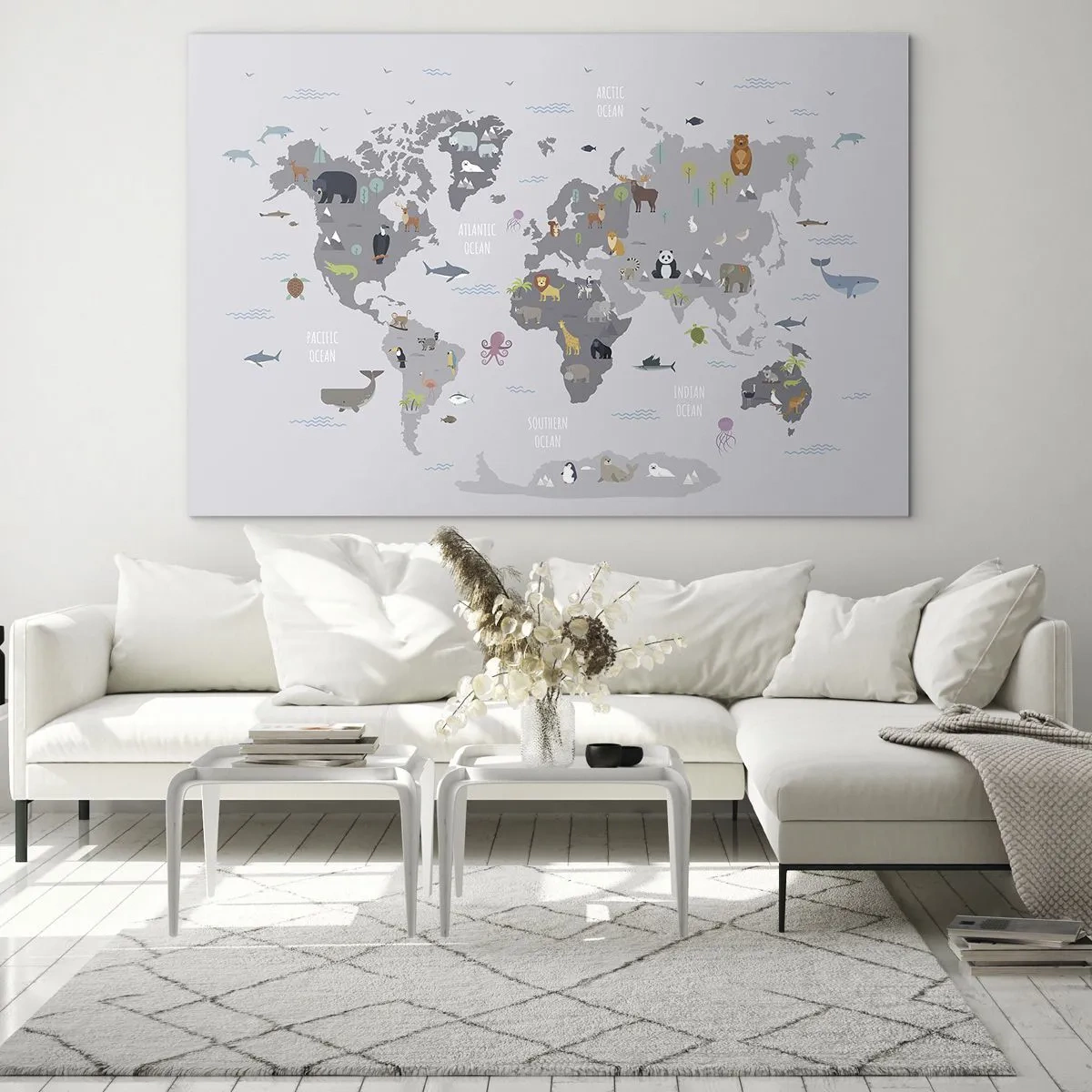 Tablou pe sticlă - Hartă ilustrată a lumii cu animale caracteristice - 70x50cm - Spune-mi de unde ești... - Decorațiune modernă pentru perete pentru living și dormitor ARTTOR