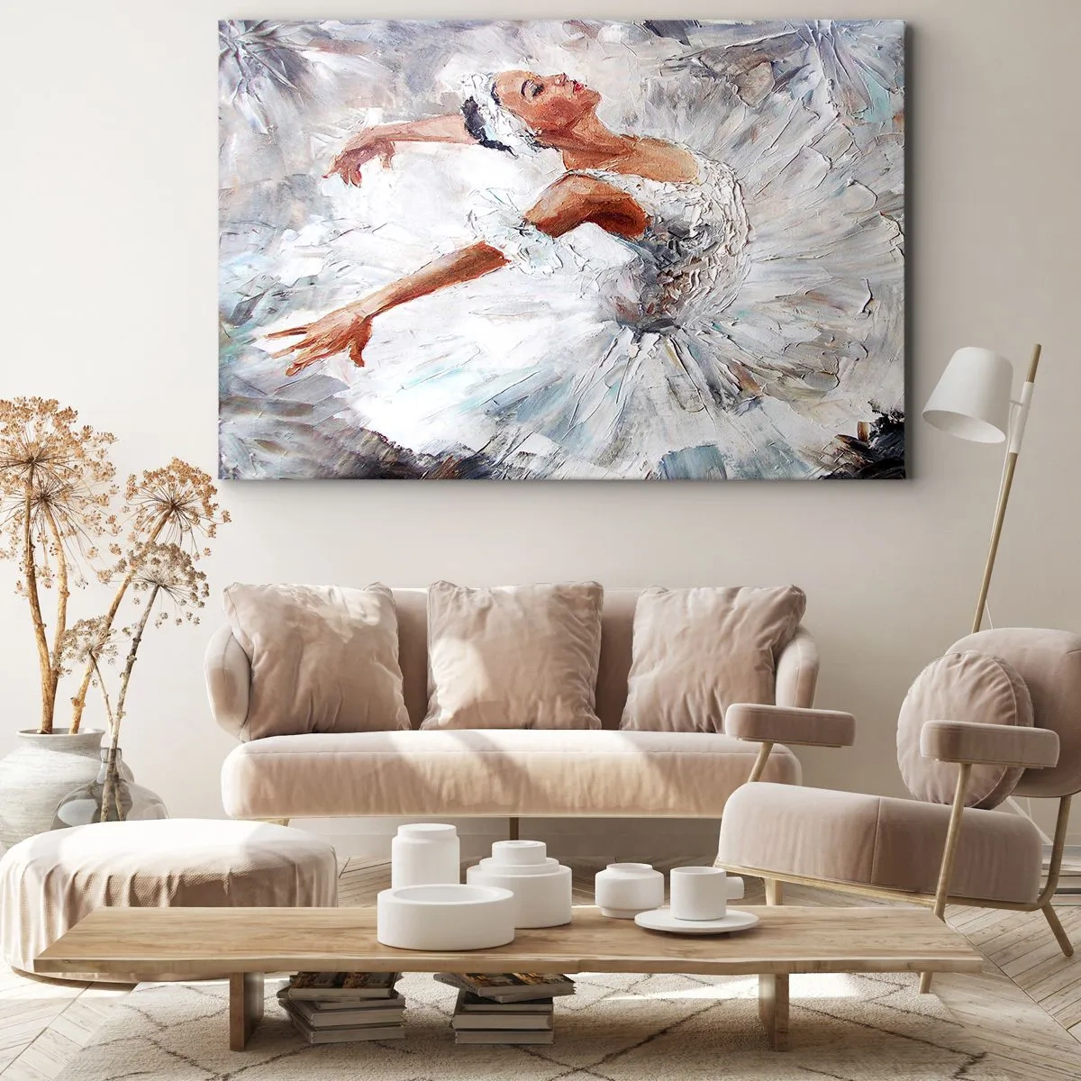 Tablou pe pânză Canvas - O balerină într-o rochie albă dansând - 70x50cm - Moale și ușoară ca tulul - Decorațiune modernă pentru perete pentru living și dormitor ARTTOR