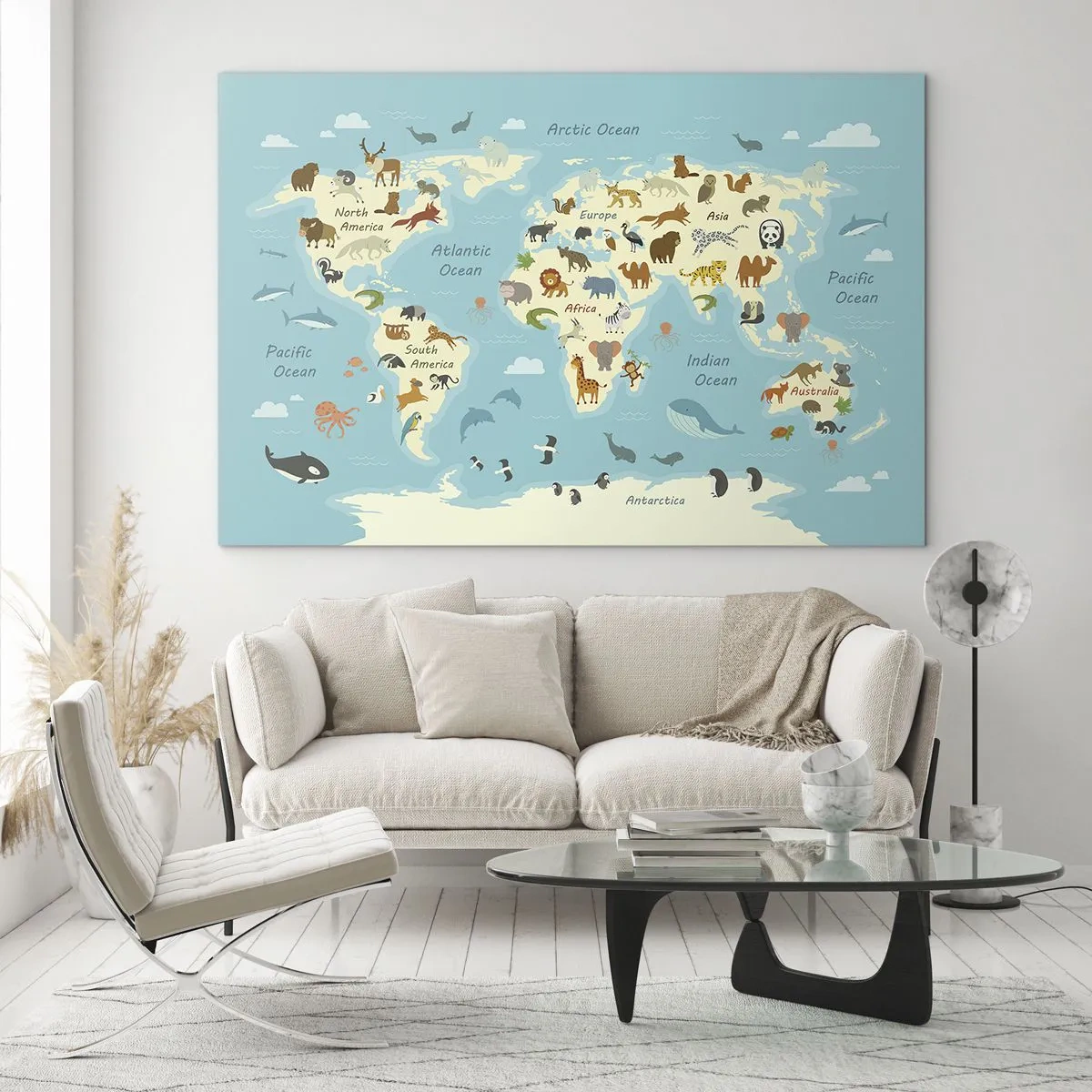 Tablou pe sticlă - hartă colorată a lumii cu ilustrații cu animale de pe diferite continente. - 70x50cm - Vecini buni - Decorațiune modernă pentru perete pentru living și dormitor ARTTOR