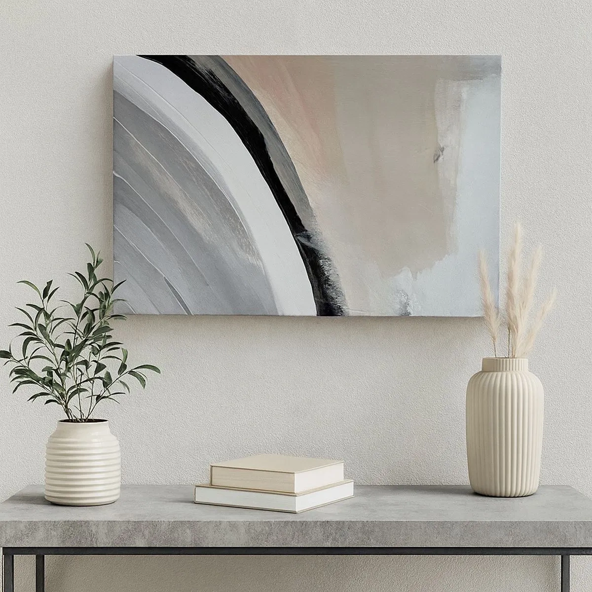 Tablou pe pânză Canvas - Arc abstract în nuanțe de negru, gri și bej - 70x50cm - Compoziție: arc de negru și gri - Decorațiune modernă pentru perete pentru living și dormitor ARTTOR