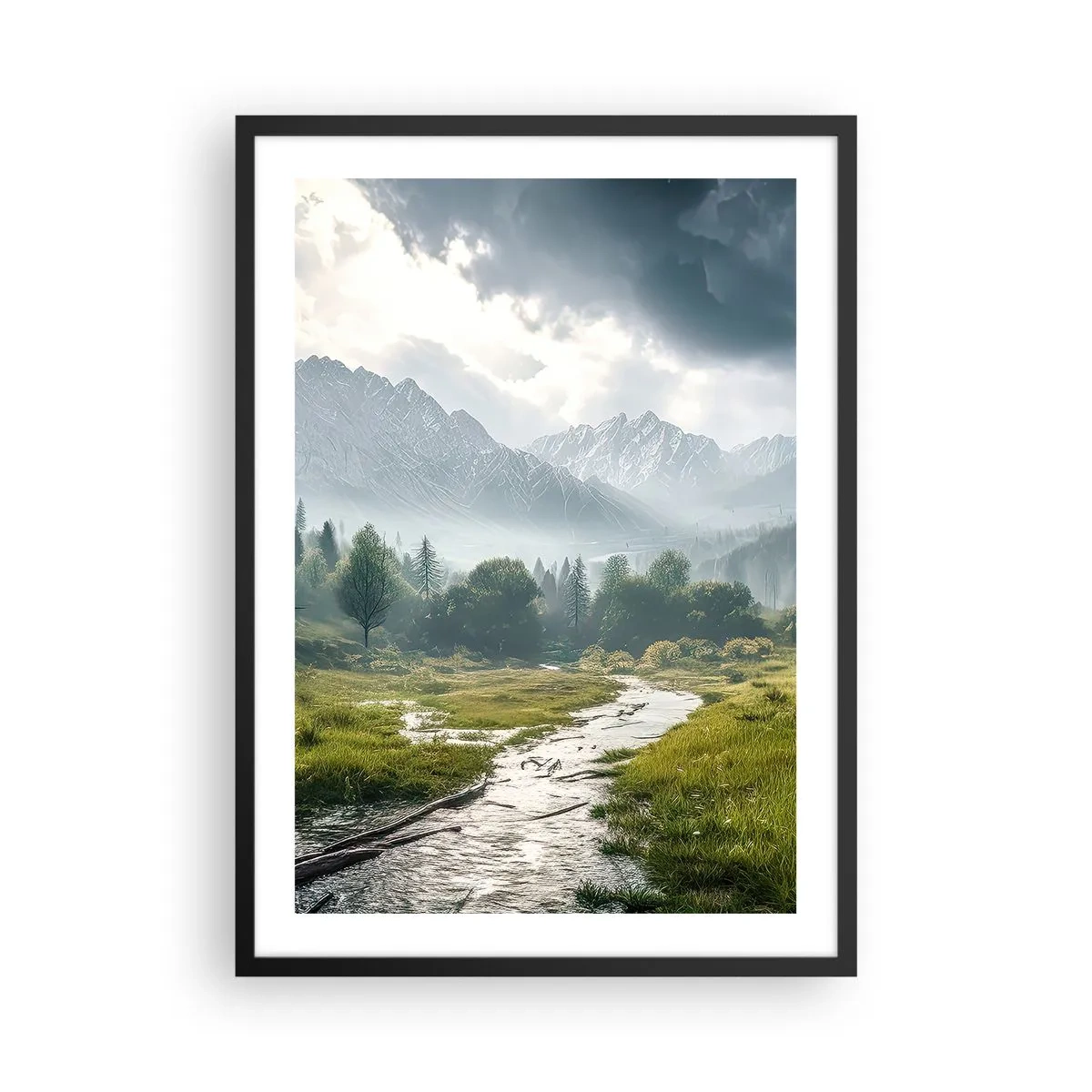 Poster în ramă neagră - O vale montană cu un râu și munți maiestuoși în fundal - 50x70cm - Până acolo și înapoi - Decorațiune modernă pentru perete pentru living și dormitor ARTTOR