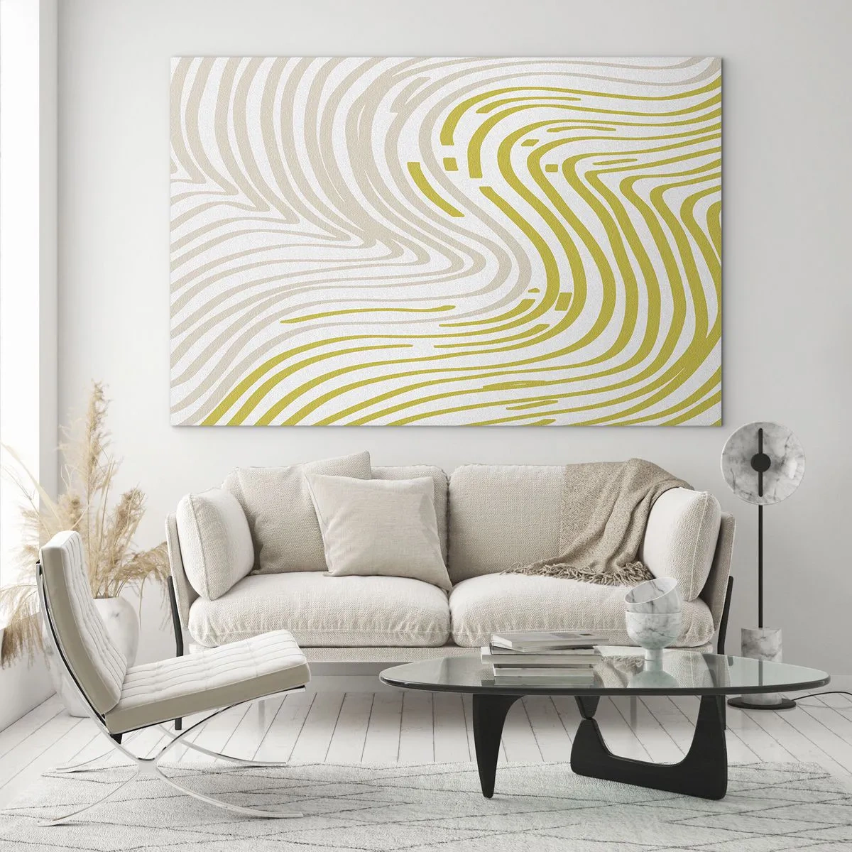 Tablou pe sticlă - Linii organice în nuanțe de bej și lime pe fundal alb - 70x50cm - Compoziție cu cambrare ușoară - Decorațiune modernă pentru perete pentru living și dormitor ARTTOR