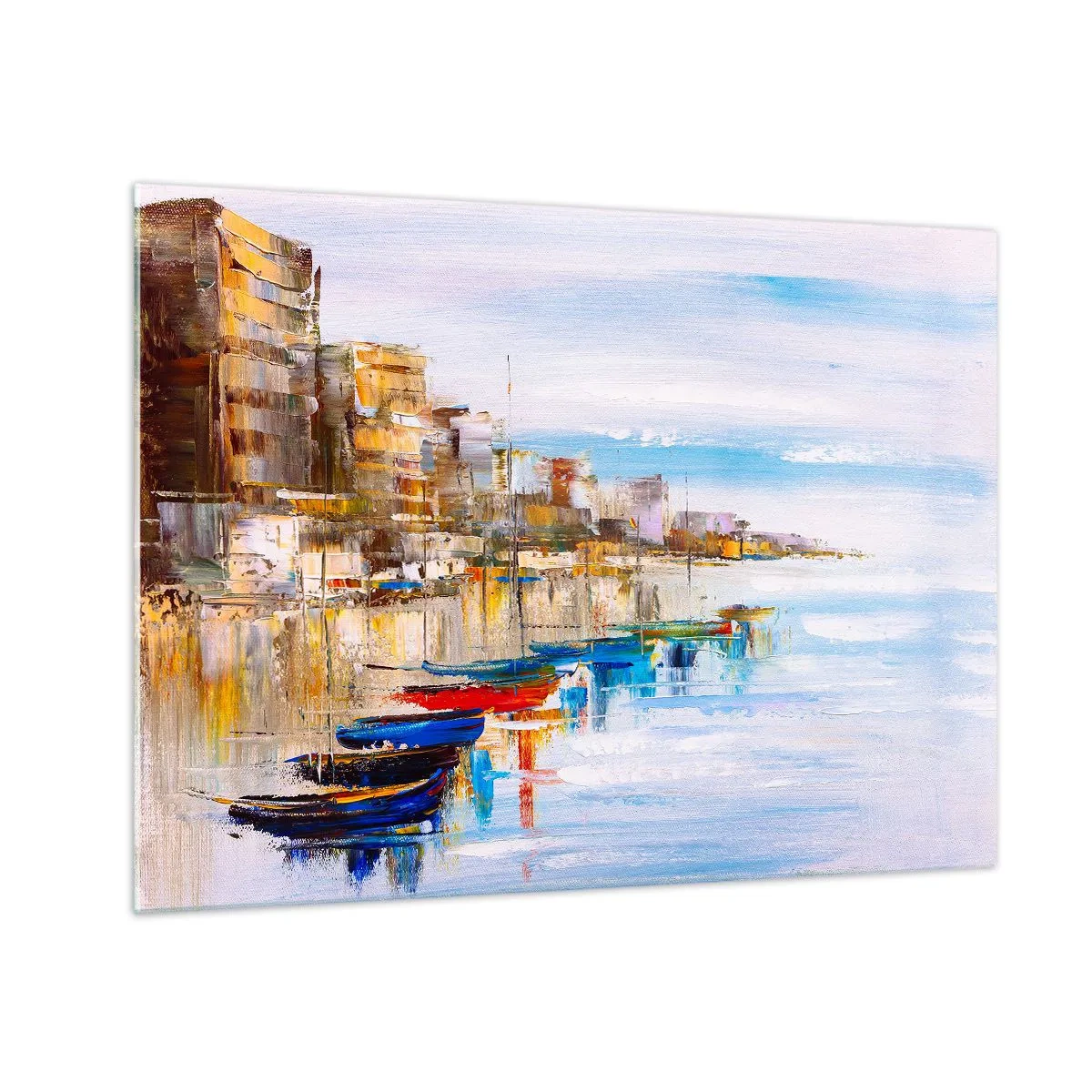 Tablou pe sticlă - Bărci colorate ancorate la cheiul orașului - 70x50cm - Port urban multicolor - Decorațiune modernă pentru perete pentru living și dormitor ARTTOR