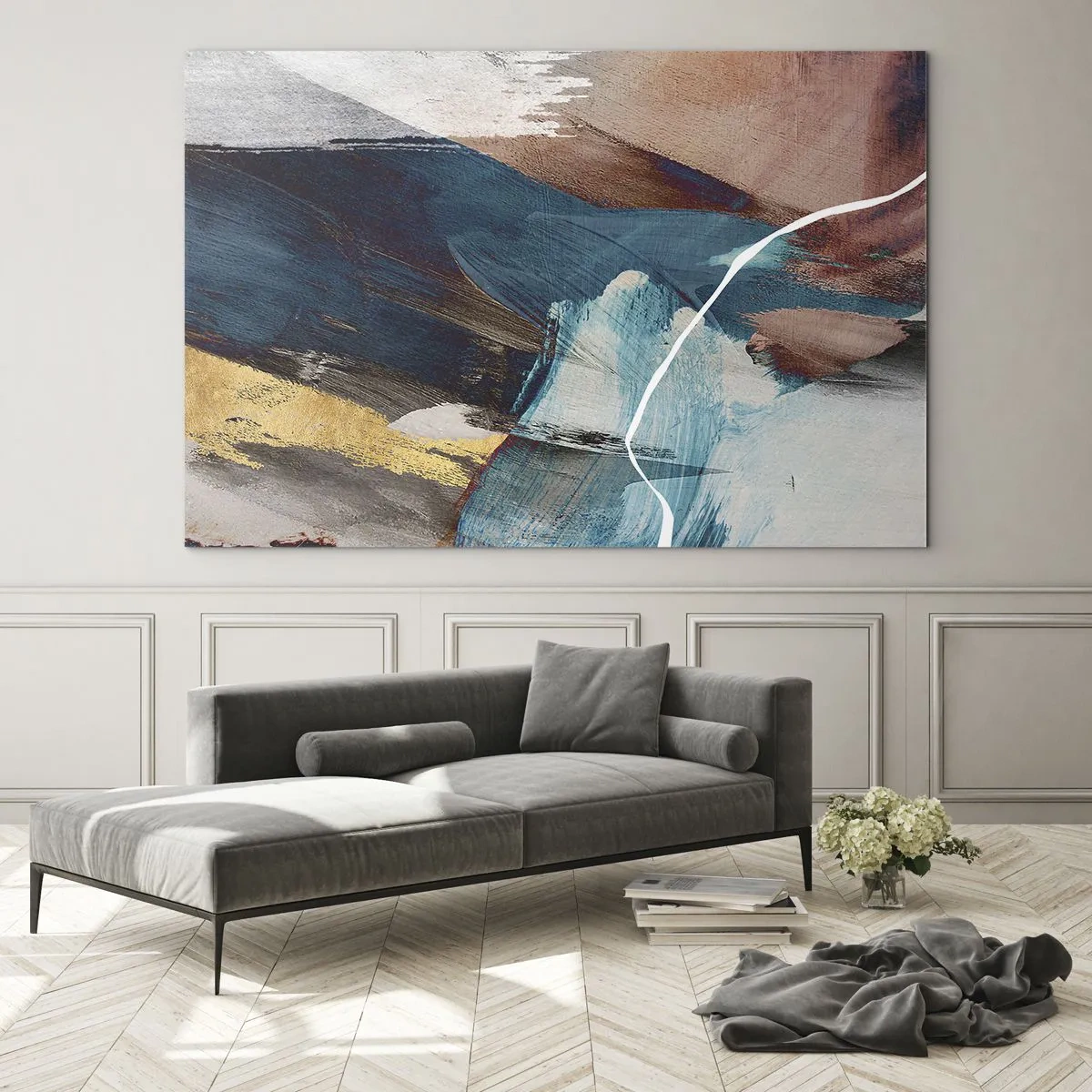 Tablou pe sticlă - O compoziție abstractă în turcoaz, auriu și maro. - 70x50cm - Cu fler și energie - Decorațiune modernă pentru perete pentru living și dormitor ARTTOR