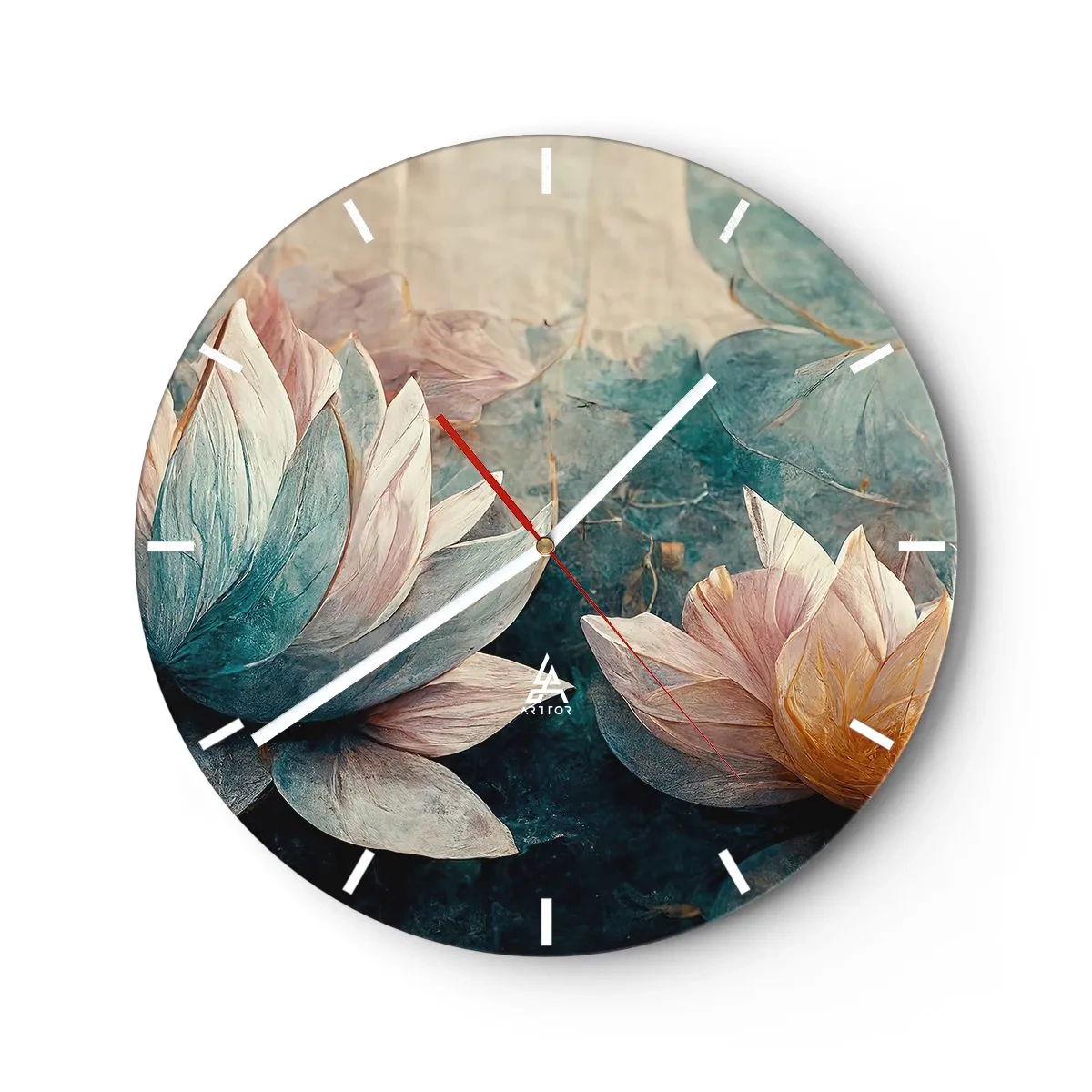 Ceas de perete - Ceas pe sticlă - Flori de lotus pe fundalul suprafeței verde-albastre a lacului - 30x30cm - Stele de lac - Decorațiune modernă pentru perete pentru living, bucătărie și dormitor ARTTOR