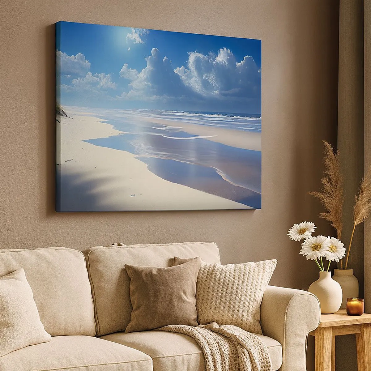 Tablou pe pânză Canvas - O plajă nisipoasă cu valuri sub un cer albastru - 70x50cm - Vacanță în paradis - Decorațiune modernă pentru perete pentru living și dormitor ARTTOR