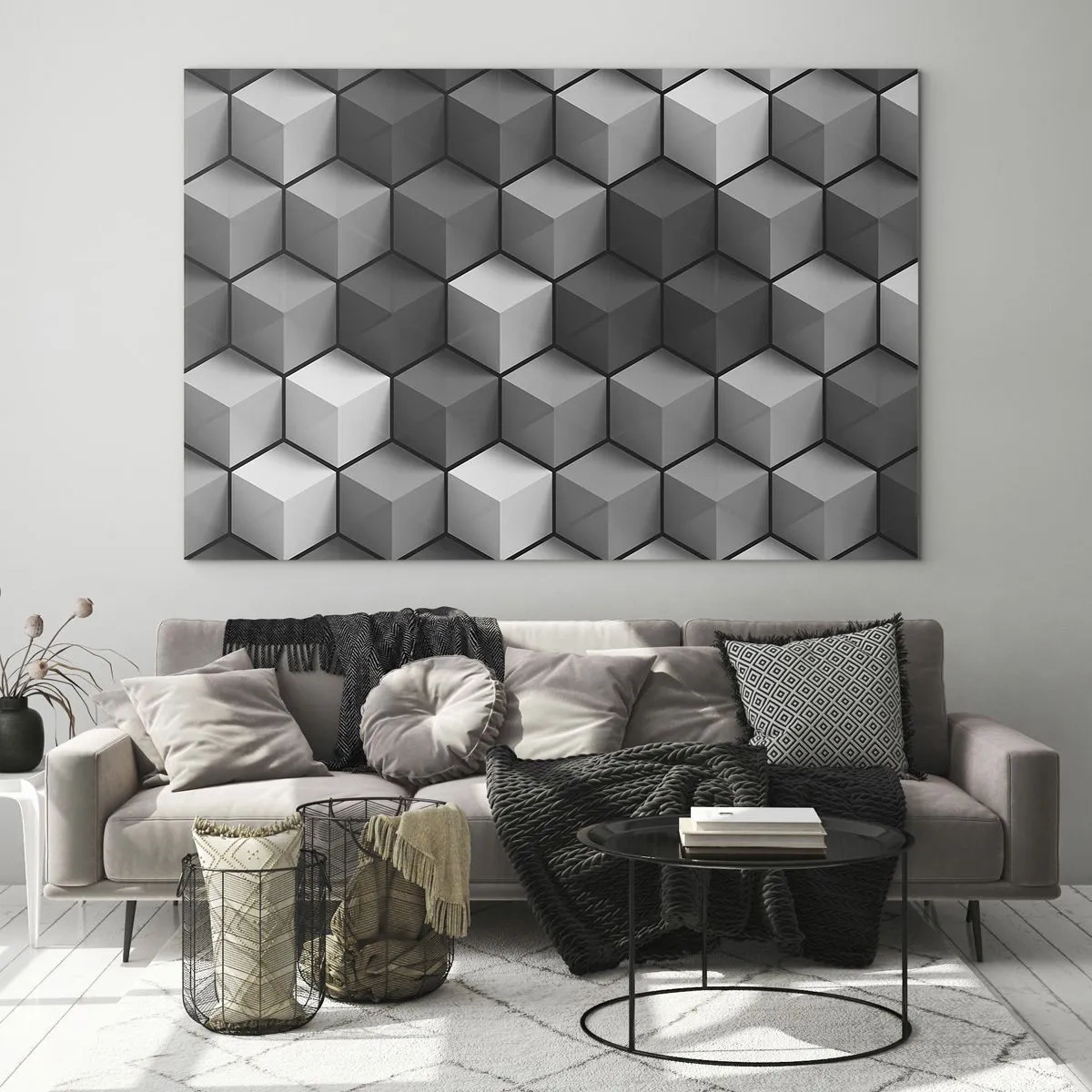 Tablou pe sticlă - Cuburi geometrice în nuanțe de gri - 70x50cm - Puzzle cubist - Decorațiune modernă pentru perete pentru living și dormitor ARTTOR