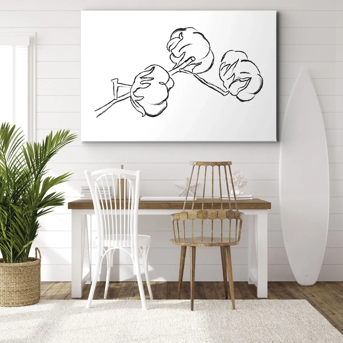 Tablou pe pânză Canvas - Un contur delicat al unei ramuri de bumbac pe un fundal alb - 70x50cm - Pufuri de bumbac - Decorațiune modernă pentru perete pentru living și dormitor ARTTOR