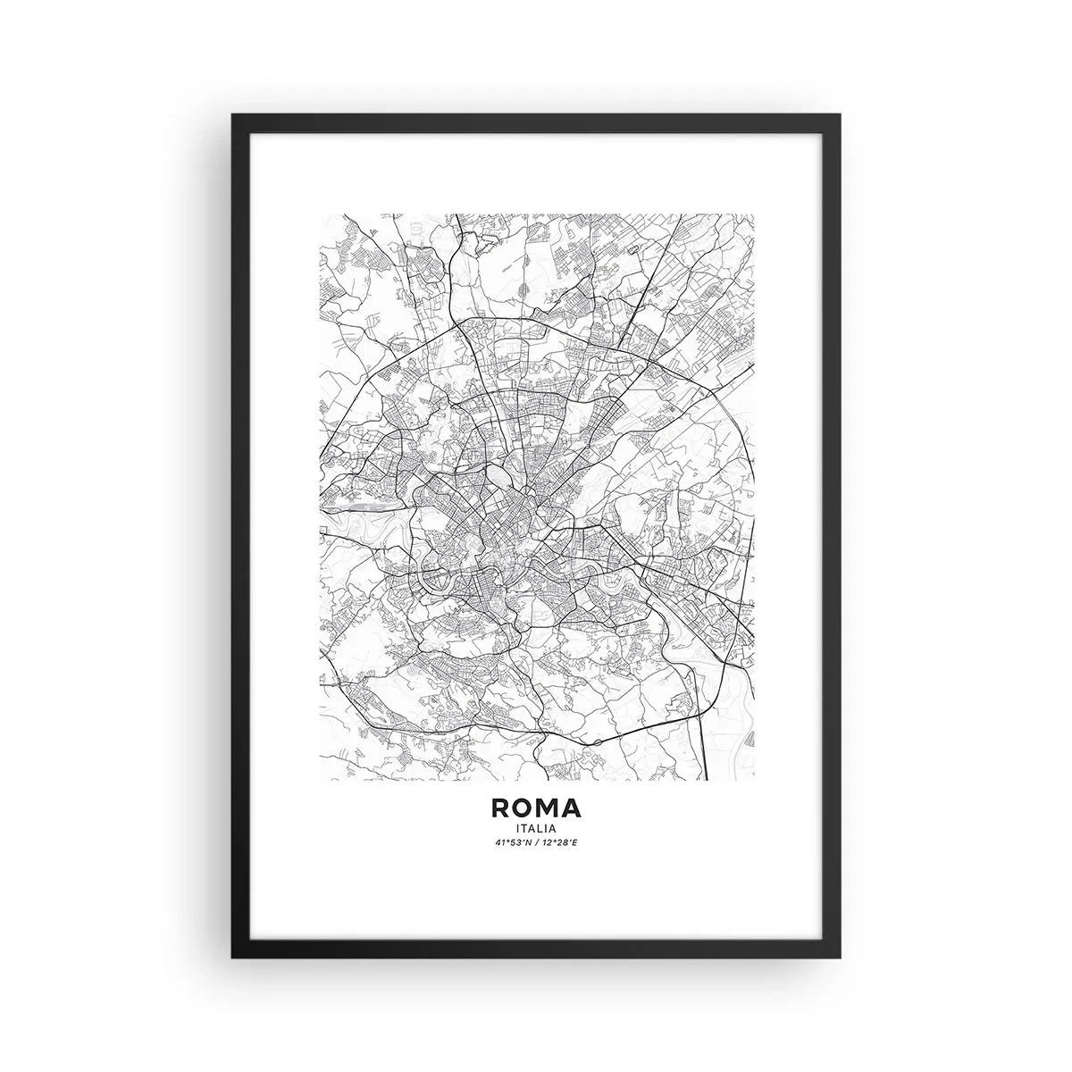 Poster în ramă neagră - Hartă alb-negru a Romei cu străzi și monumente detaliate - 50x70cm - Cerc roman - Decorațiune modernă pentru perete pentru living și dormitor ARTTOR