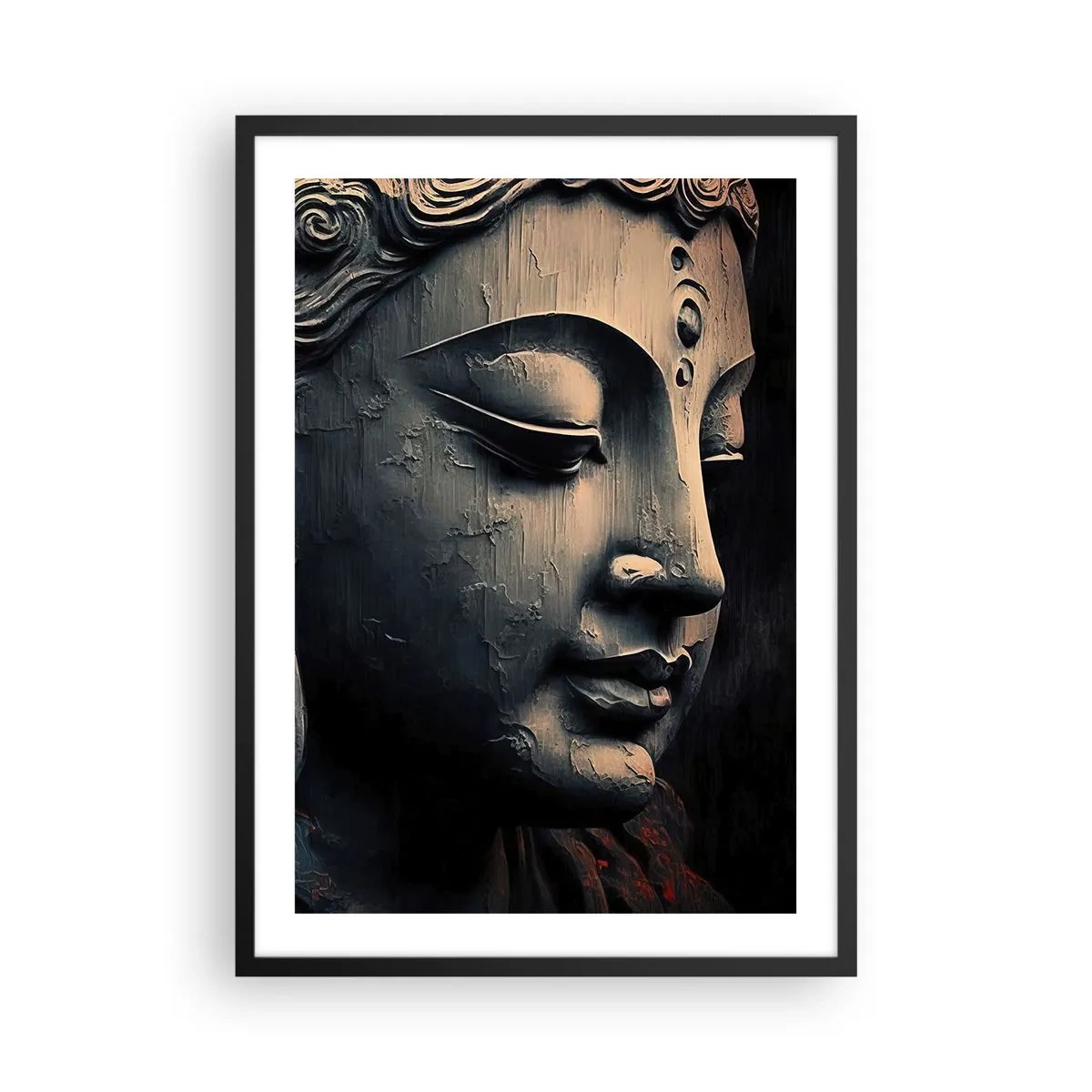 Poster în ramă neagră - Prim-plan al unei sculpturi a lui Buddha în lumină caldă - 50x70cm - În ton cu lumea - Decorațiune modernă pentru perete pentru living și dormitor ARTTOR