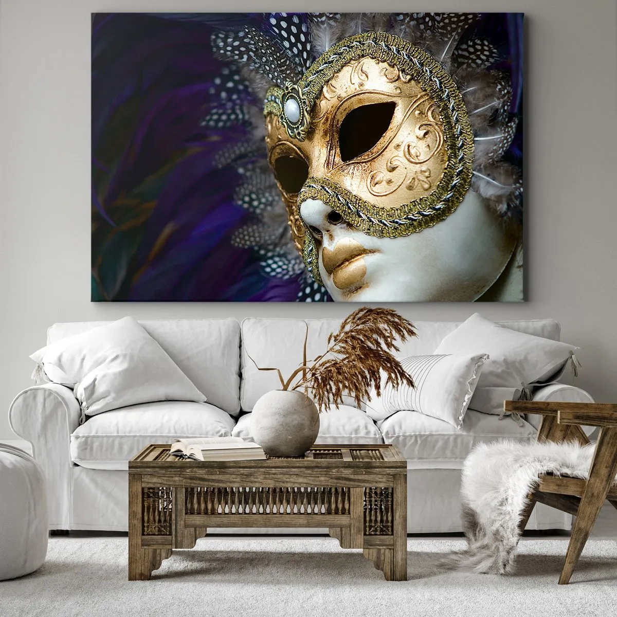 Tablou pe pânză Canvas - Mască venețiană aurie cu pene decorative și ornamente - 70x50cm - Portret venețian în aur - Decorațiune modernă pentru perete pentru living și dormitor ARTTOR