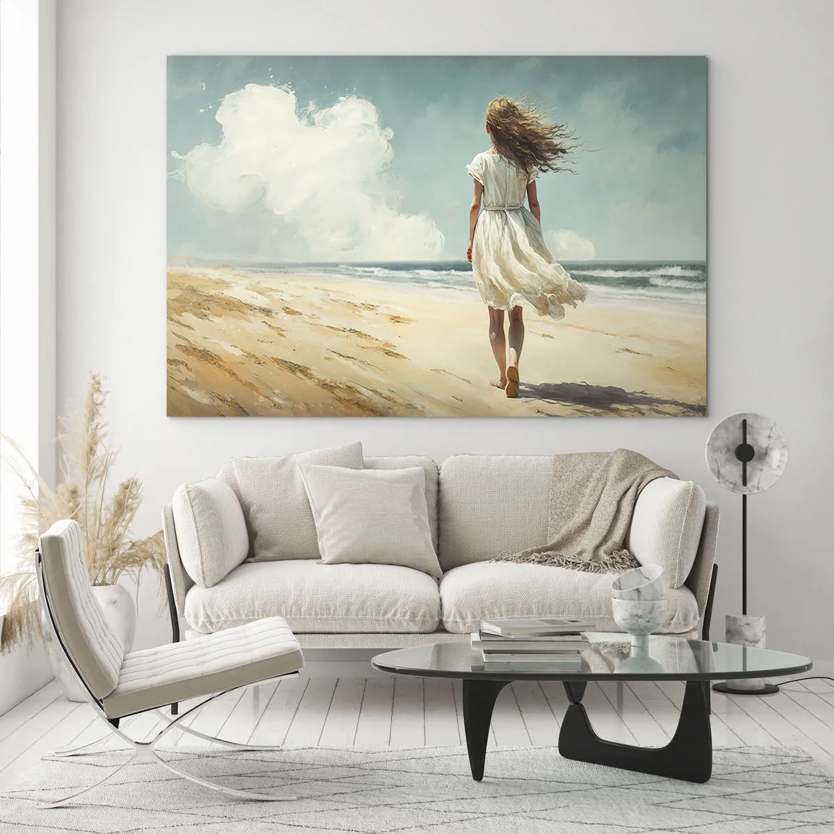 Tablou pe sticlă - O femeie într-o rochie albă mergând desculță pe o plajă însorită - 70x50cm - Vreau să întâlnesc soarele și vântul - Decorațiune modernă pentru perete pentru living și dormitor ARTTOR