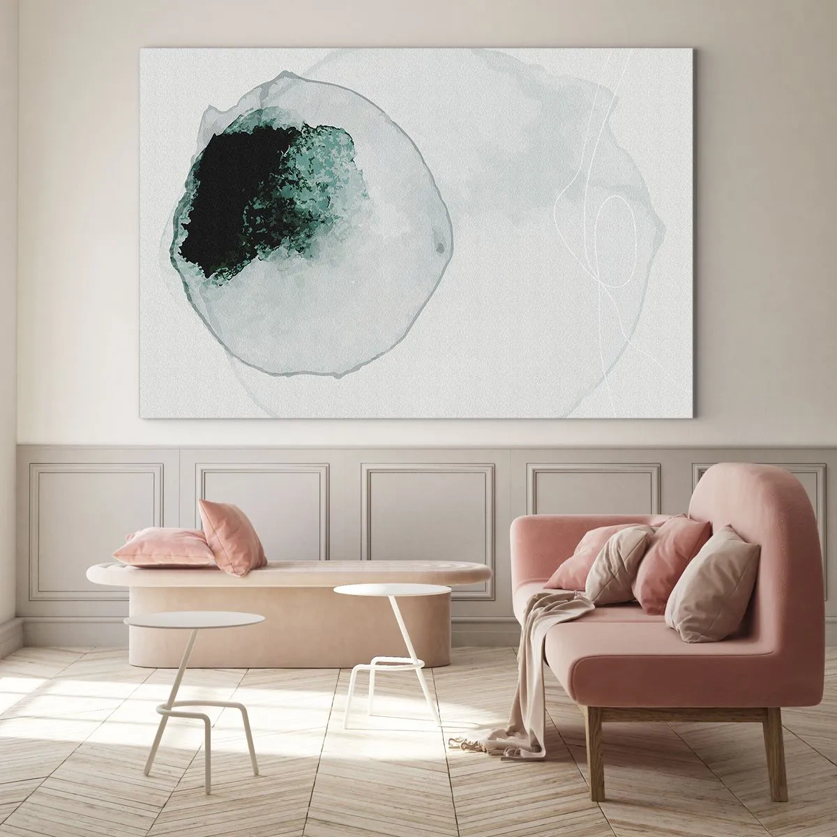 Tablou pe sticlă - O formă abstractă care seamănă cu o picătură de apă în nuanțe de verde. - 70x50cm - Într-o picătură de apă - Decorațiune modernă pentru perete pentru living și dormitor ARTTOR