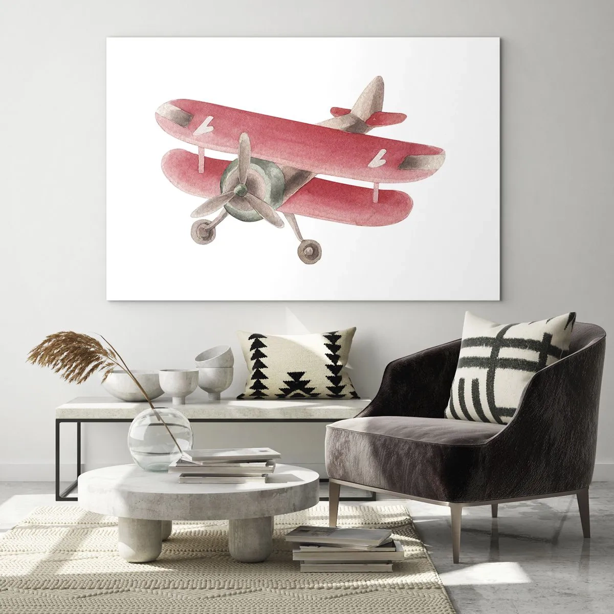 Tablou pe sticlă - Biplan în stil retro în nuanțe de roșu - 70x50cm - Gata pentru zboruri la mare înălțime - Decorațiune modernă pentru perete pentru living și dormitor ARTTOR