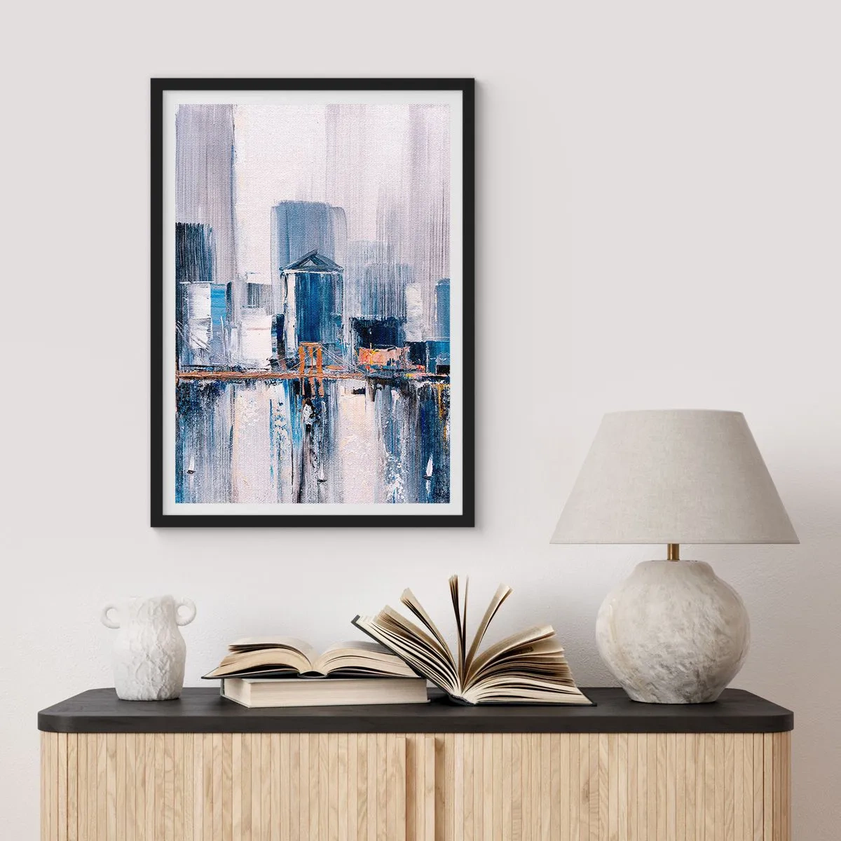 Poster în ramă neagră - Panoramă abstractă a orașului în nuanțe de albastru și alb - 50x70cm - Impresie de New York - Decorațiune modernă pentru perete pentru living și dormitor ARTTOR