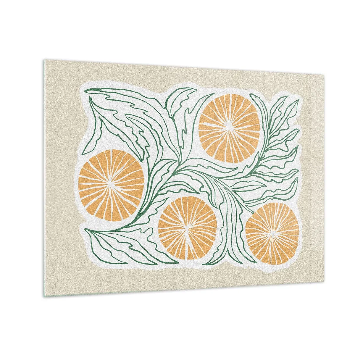 Tablou pe sticlă - Fructe portocalii și frunze verzi într-o compoziție grafică - 70x50cm - Etnic cu o notă de abstracție - Decorațiune modernă pentru perete pentru living și dormitor ARTTOR