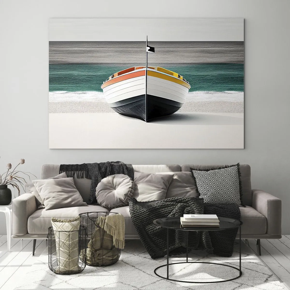 Tablou pe sticlă - O barcă colorată pe plajă cu o mare turcoaz în fundal - 70x50cm - În locul ei - Decorațiune modernă pentru perete pentru living și dormitor ARTTOR