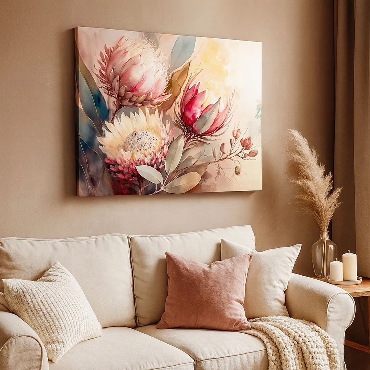 Tablou pe pânză Canvas - Flori de Protea în nuanțe pastelate delicate - 70x50cm - Profil și en face - Decorațiune modernă pentru perete pentru living și dormitor ARTTOR