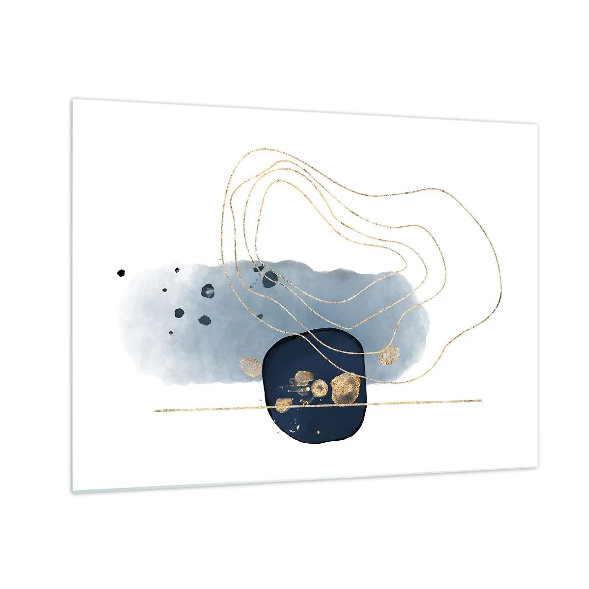 Tablou pe sticlă - Compoziție abstractă în tonuri de albastru și auriu - 70x50cm - Fantezie albastru-auriu - Decorațiune modernă pentru perete pentru living și dormitor ARTTOR