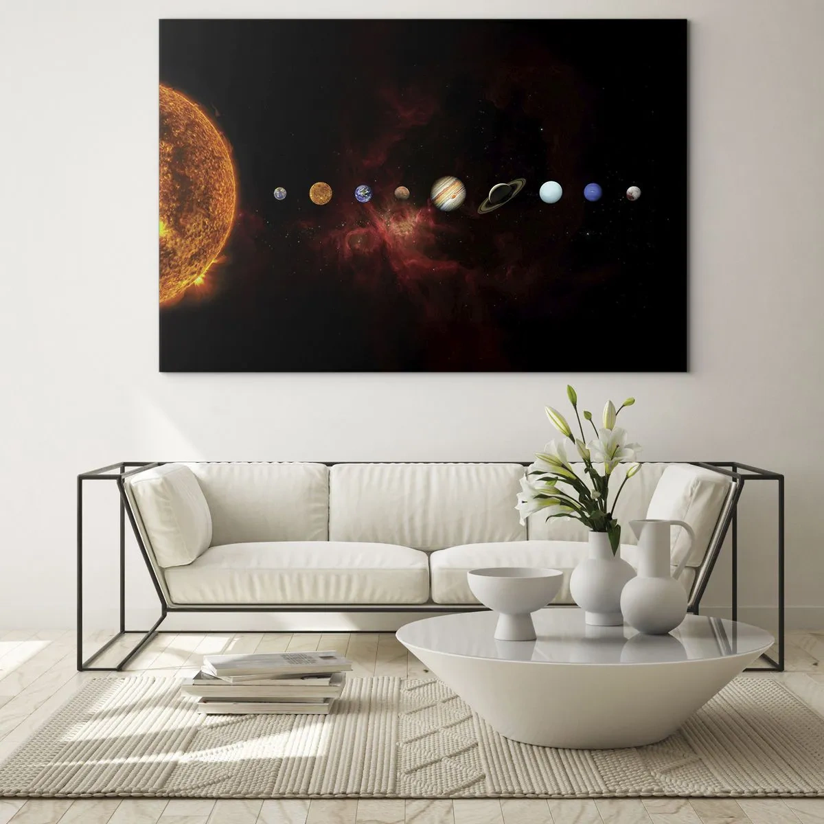 Tablou pe sticlă - Sistem planetar cu Soarele pe fundal negru - 70x50cm - Cartierul nostru - Decorațiune modernă pentru perete pentru living și dormitor ARTTOR
