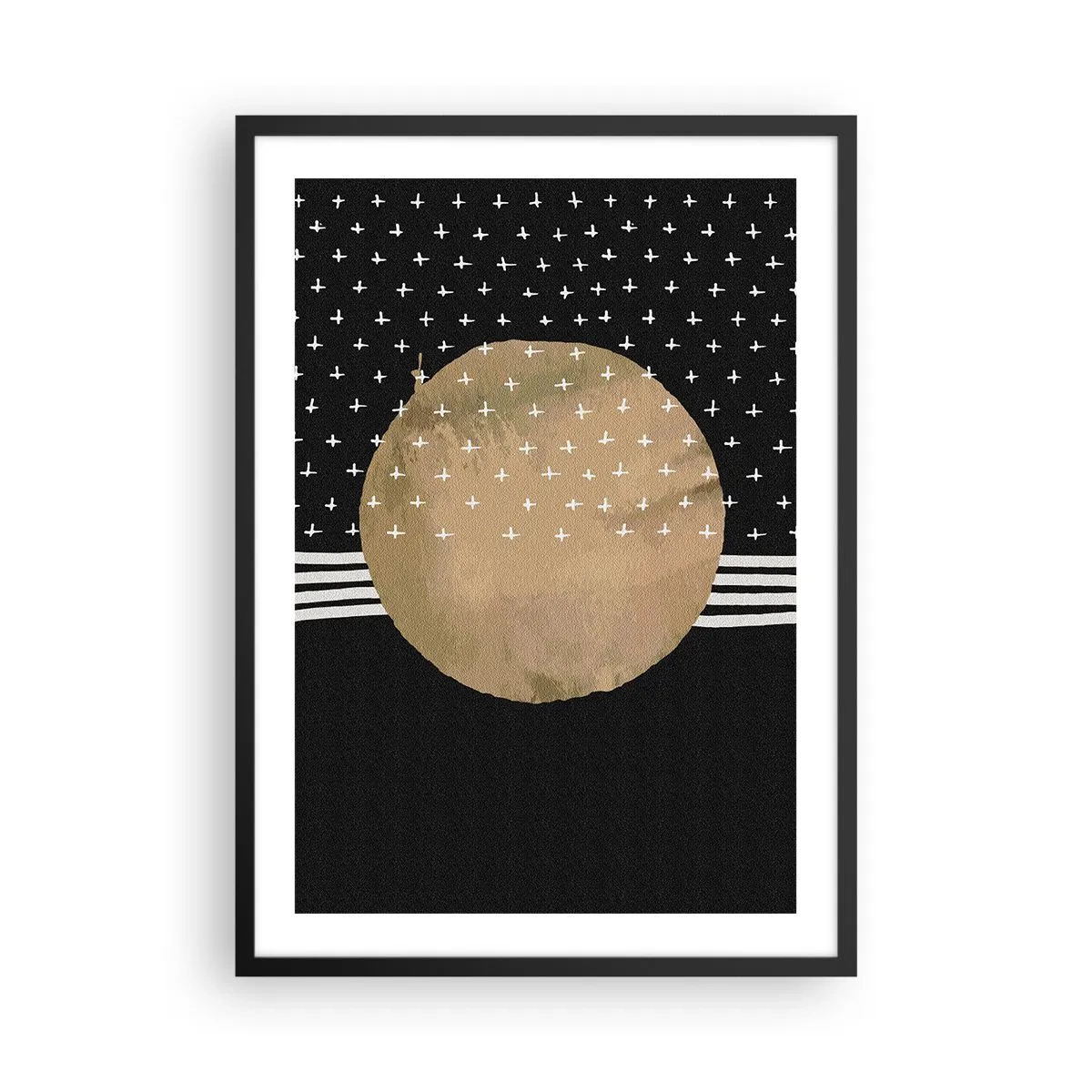 Poster în ramă neagră - Minge aurie abstractă pe fundal negru cu modele - 50x70cm - Compoziție: steagul galactic - Decorațiune modernă pentru perete pentru living și dormitor ARTTOR