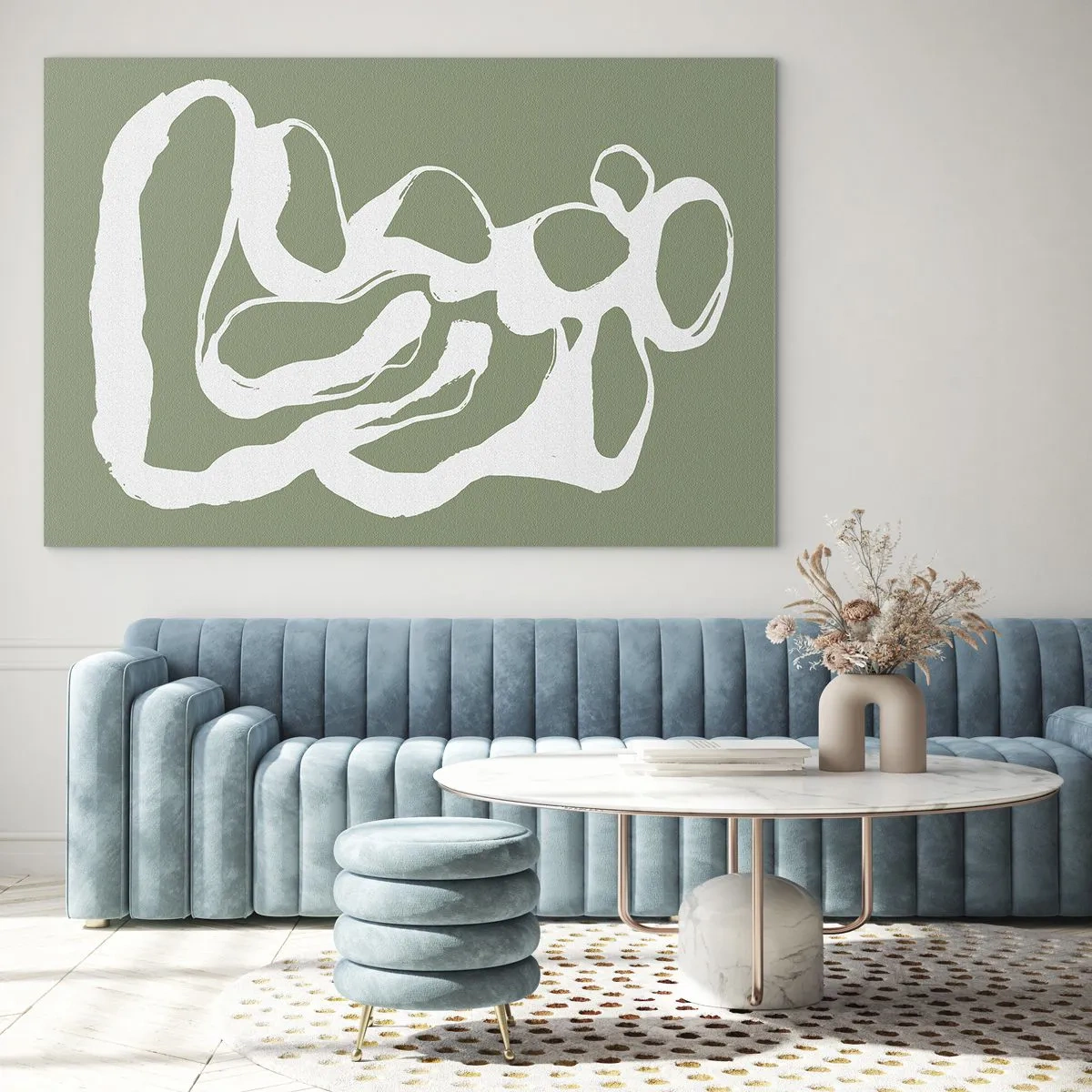 Tablou pe sticlă - Formă organică albă abstractă pe un fundal măsliniu - 70x50cm - Chemarea spațiului - Decorațiune modernă pentru perete pentru living și dormitor ARTTOR