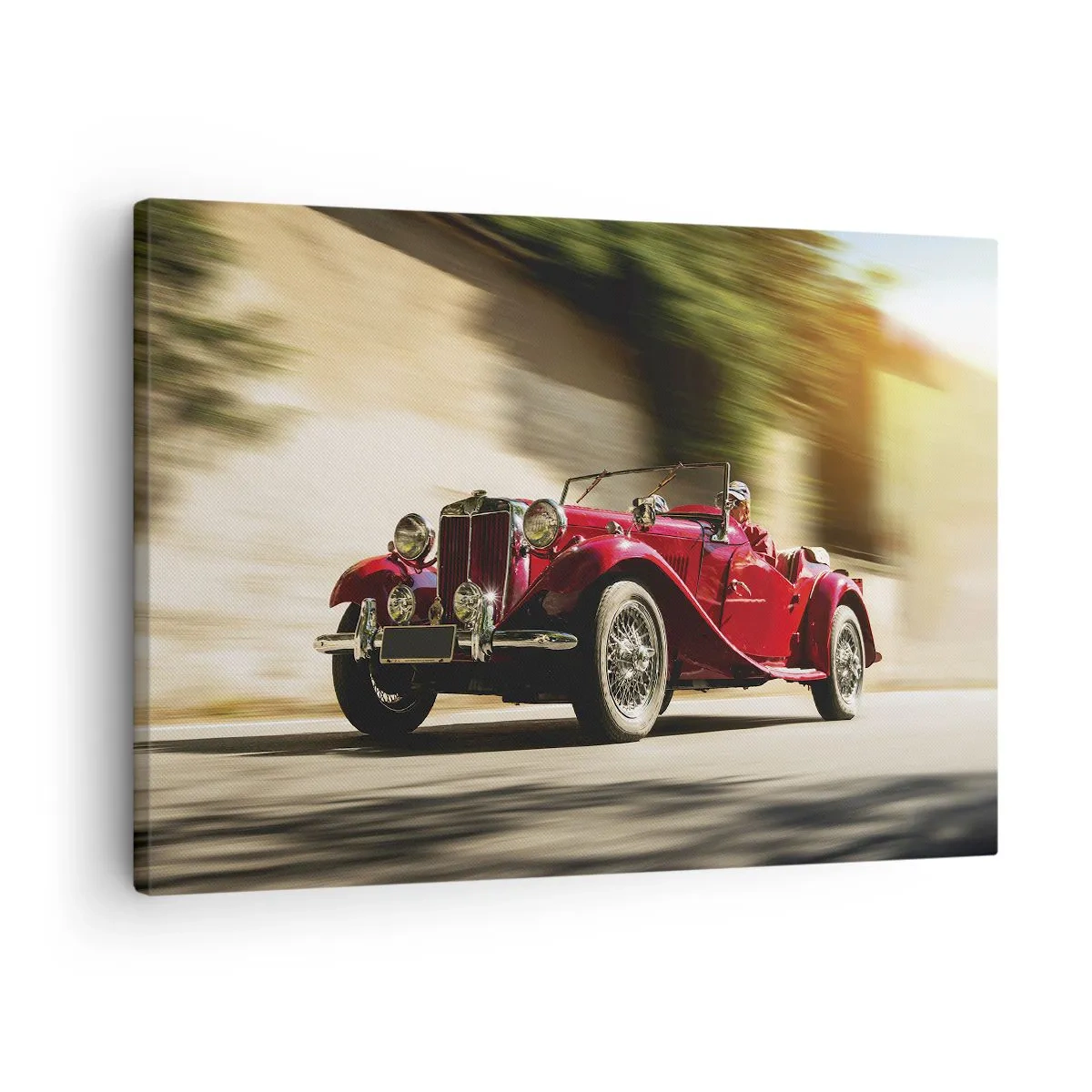 Tablou pe pânză Canvas - Mașină clasică roșie în mișcare pe o stradă însorită - 70x50cm - Mai frumoasă decât Nike din Samothrace - Decorațiune modernă pentru perete pentru living și dormitor ARTTOR